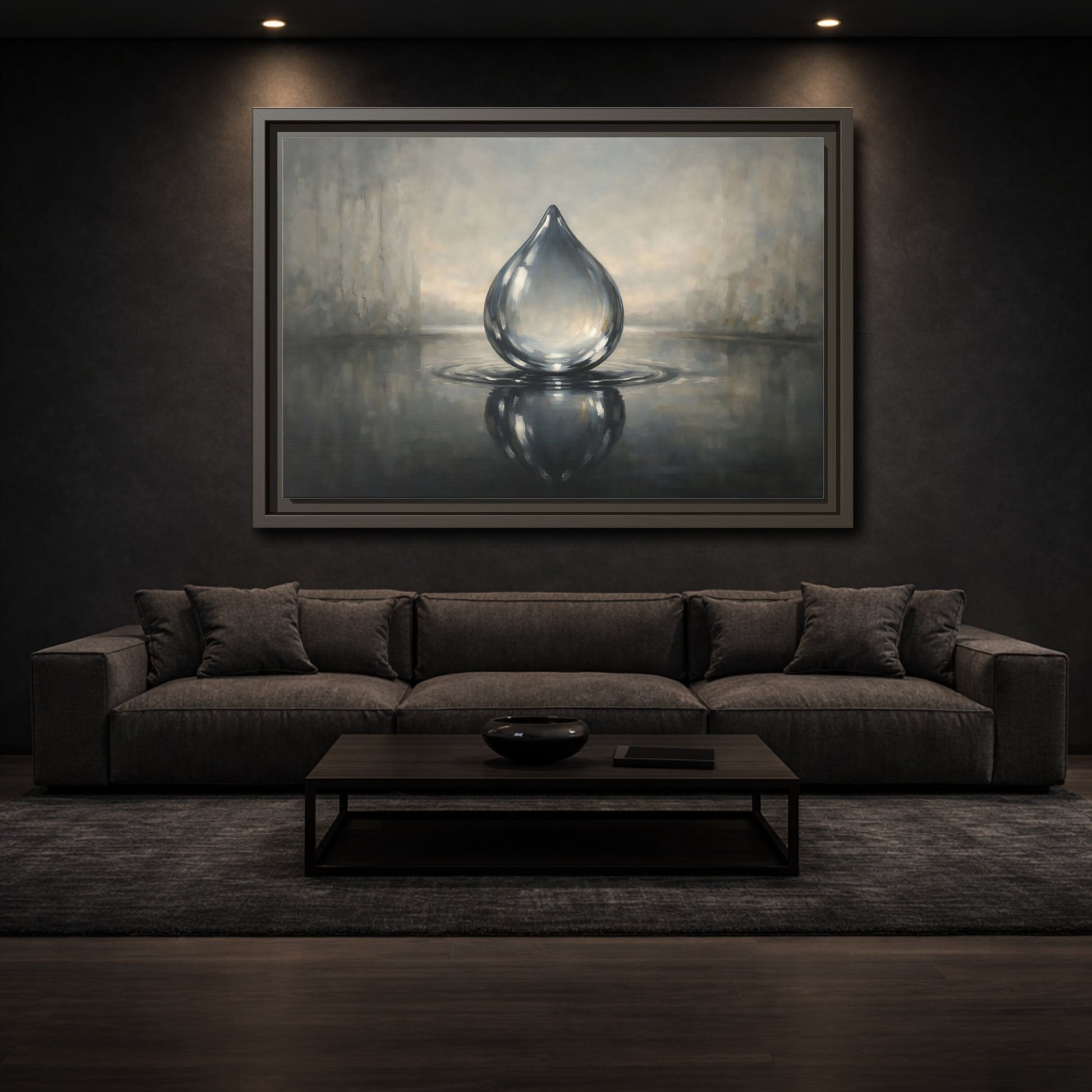 Mockup 2. Nature Water Drop Monochrome Water Drop shown as stretched canvas wall art