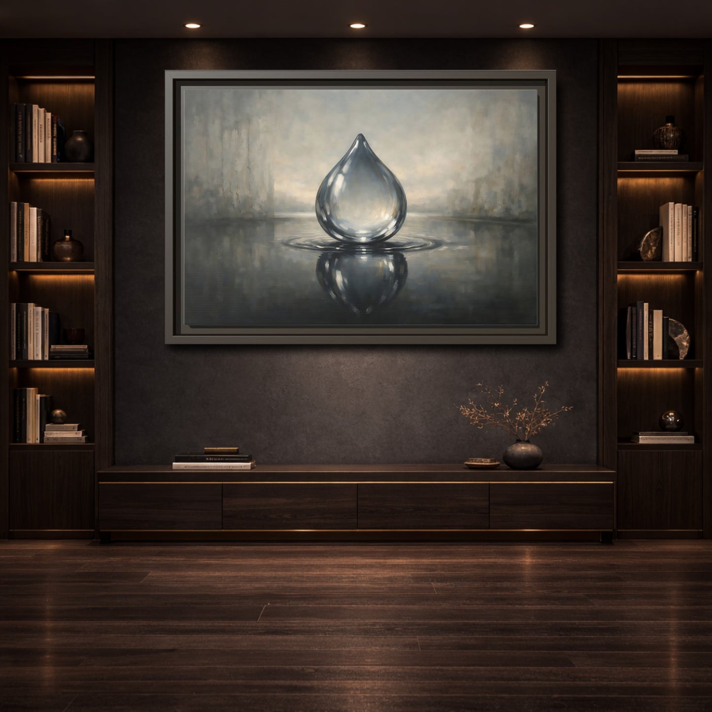 Mockup 3. Nature Water Drop Monochrome Water Drop shown as stretched canvas wall art