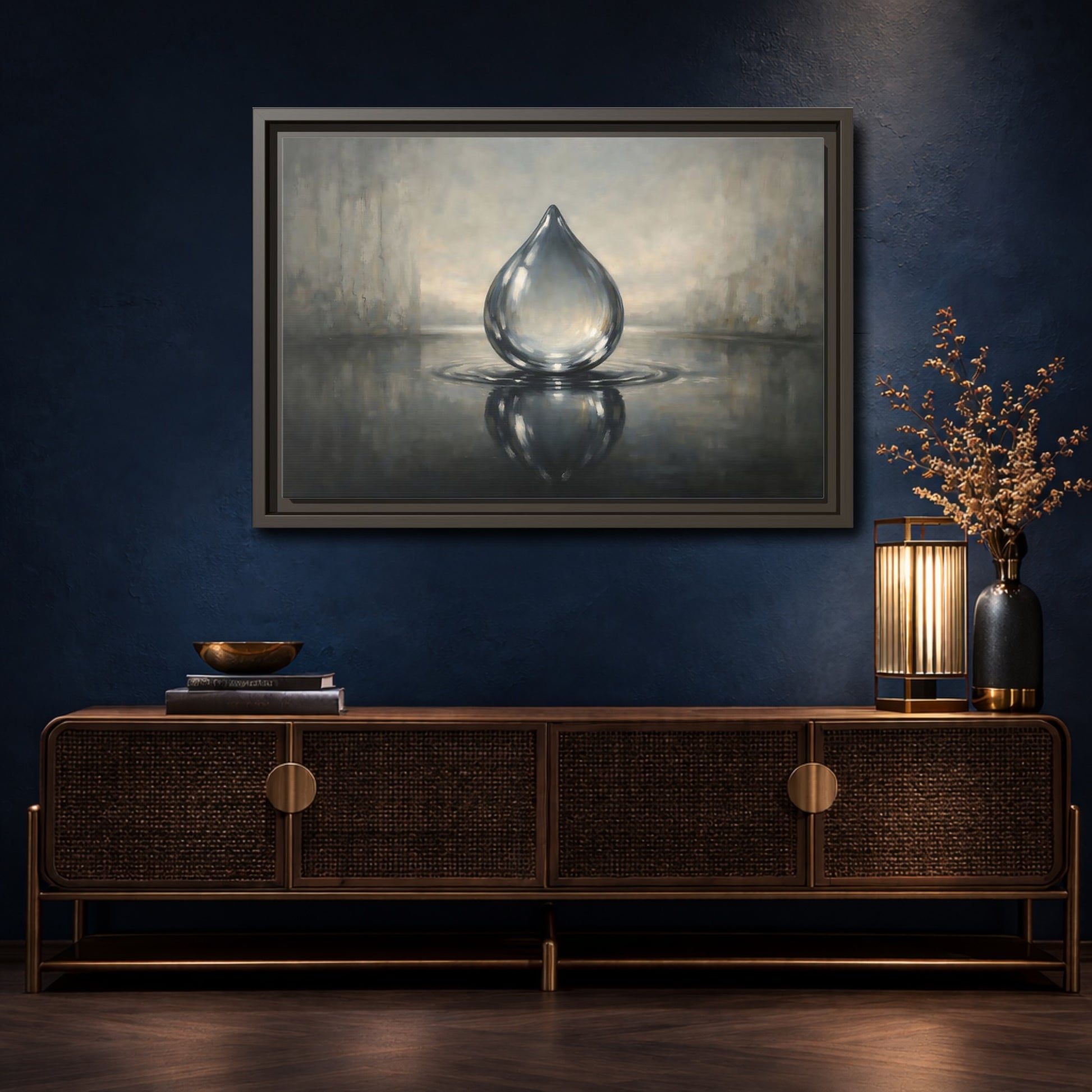 Mockup 4. Nature Water Drop Monochrome Water Drop shown as stretched canvas wall art