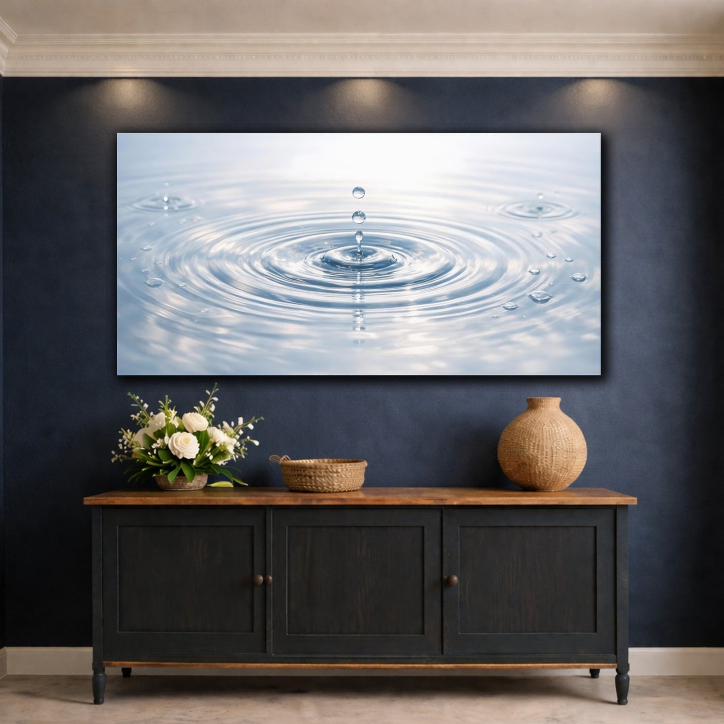 Mockup 4. Nature Water Drop Water Drop Blue shown as stretched canvas wall art