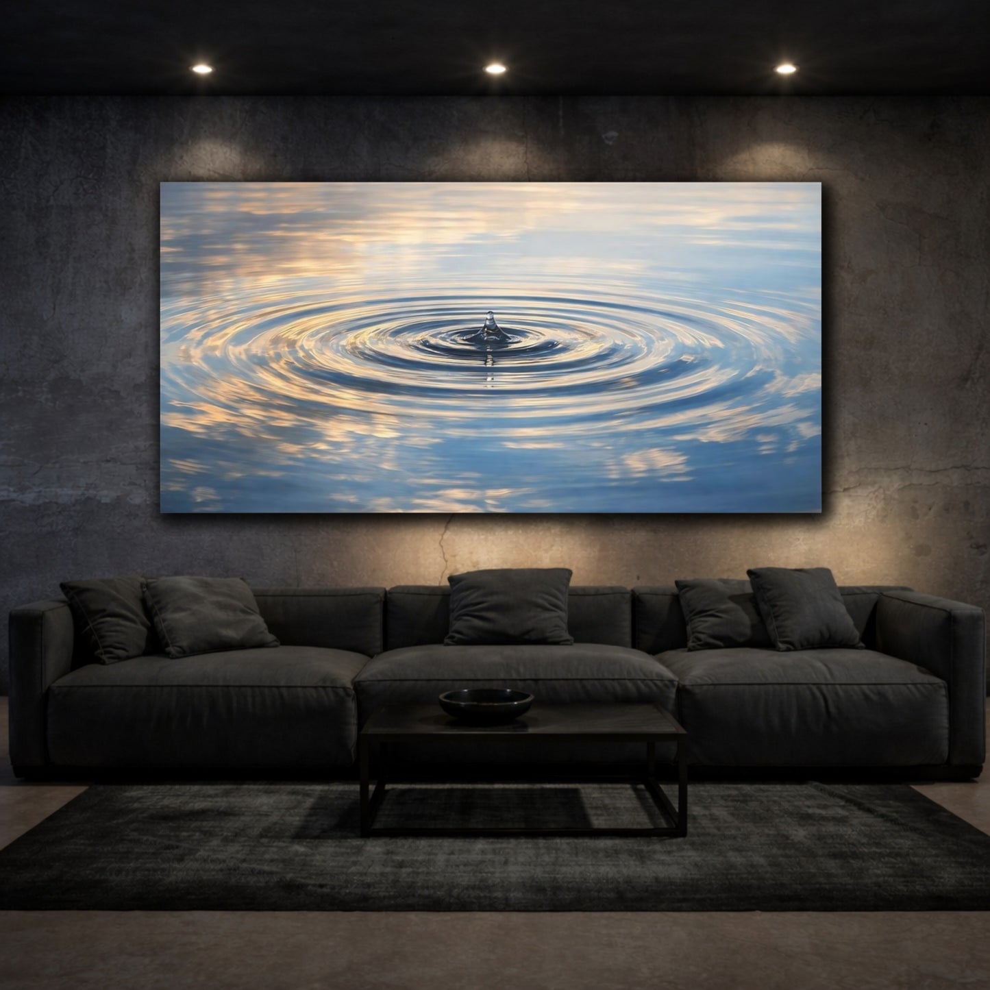 Mockup 2. Nature Water Droplet Blue And Gold Water shown as stretched canvas wall art