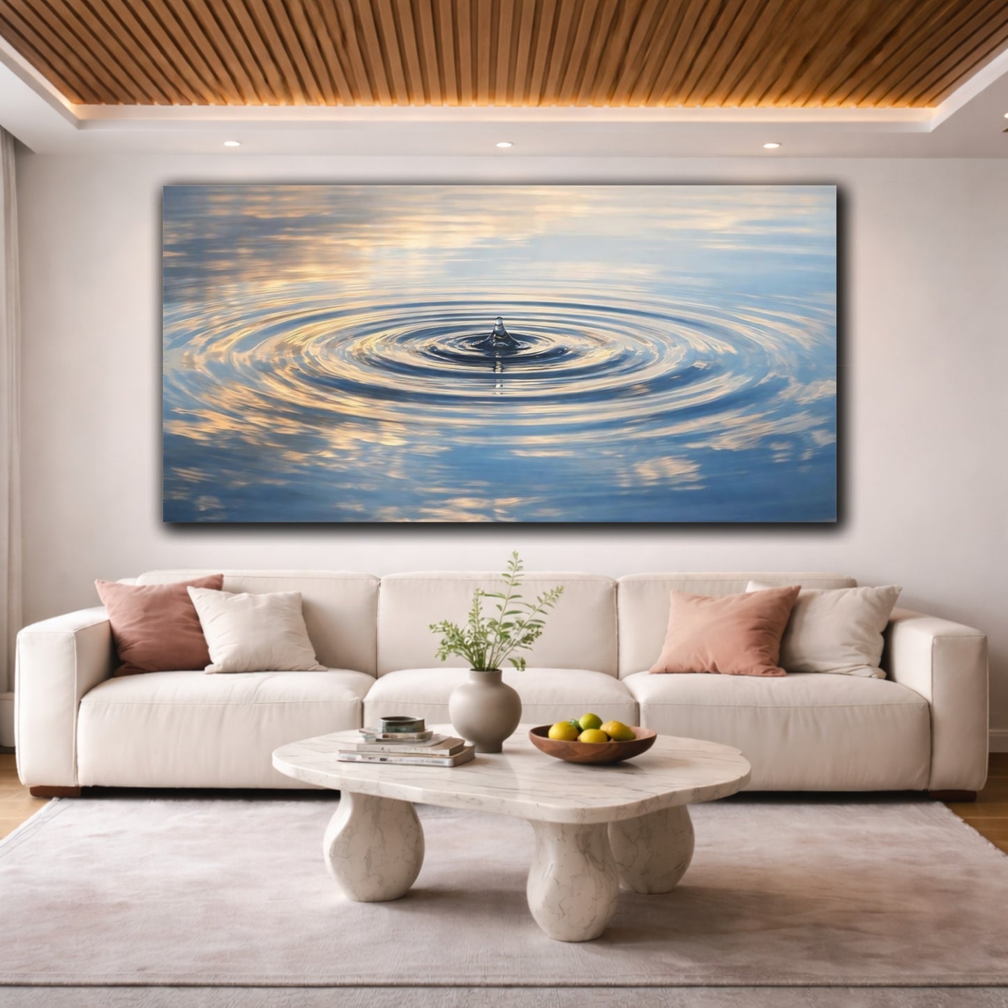 Mockup 3. Nature Water Droplet Blue And Gold Water shown as stretched canvas wall art
