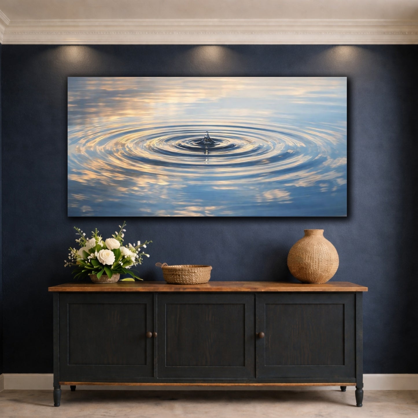 Mockup 4. Nature Water Droplet Blue And Gold Water shown as stretched canvas wall art