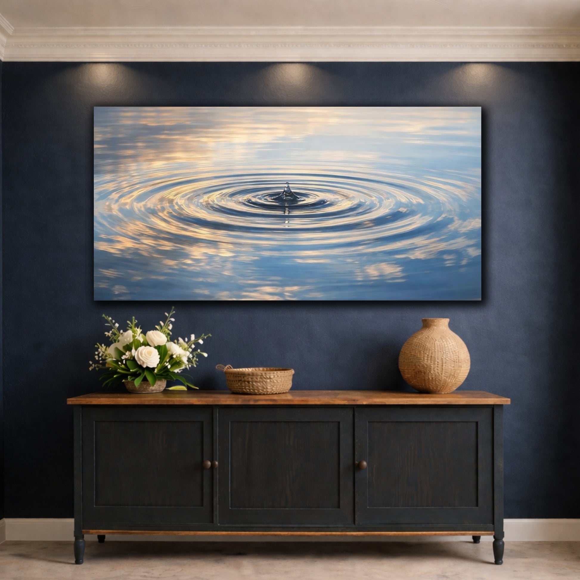 Mockup 4. Nature Water Droplet Blue And Gold Water shown as stretched canvas wall art