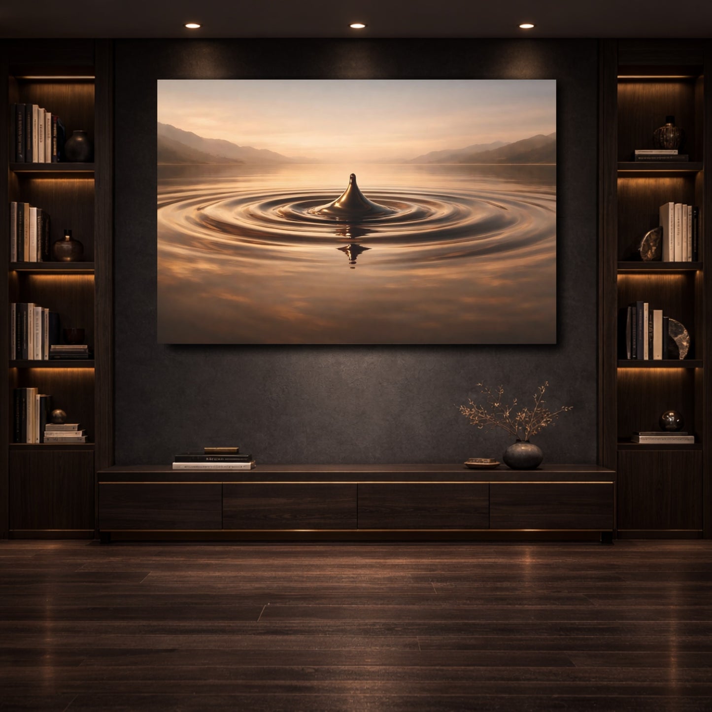 Mockup 3. Nature Water Droplet Golden Water Droplet shown as stretched canvas wall art
