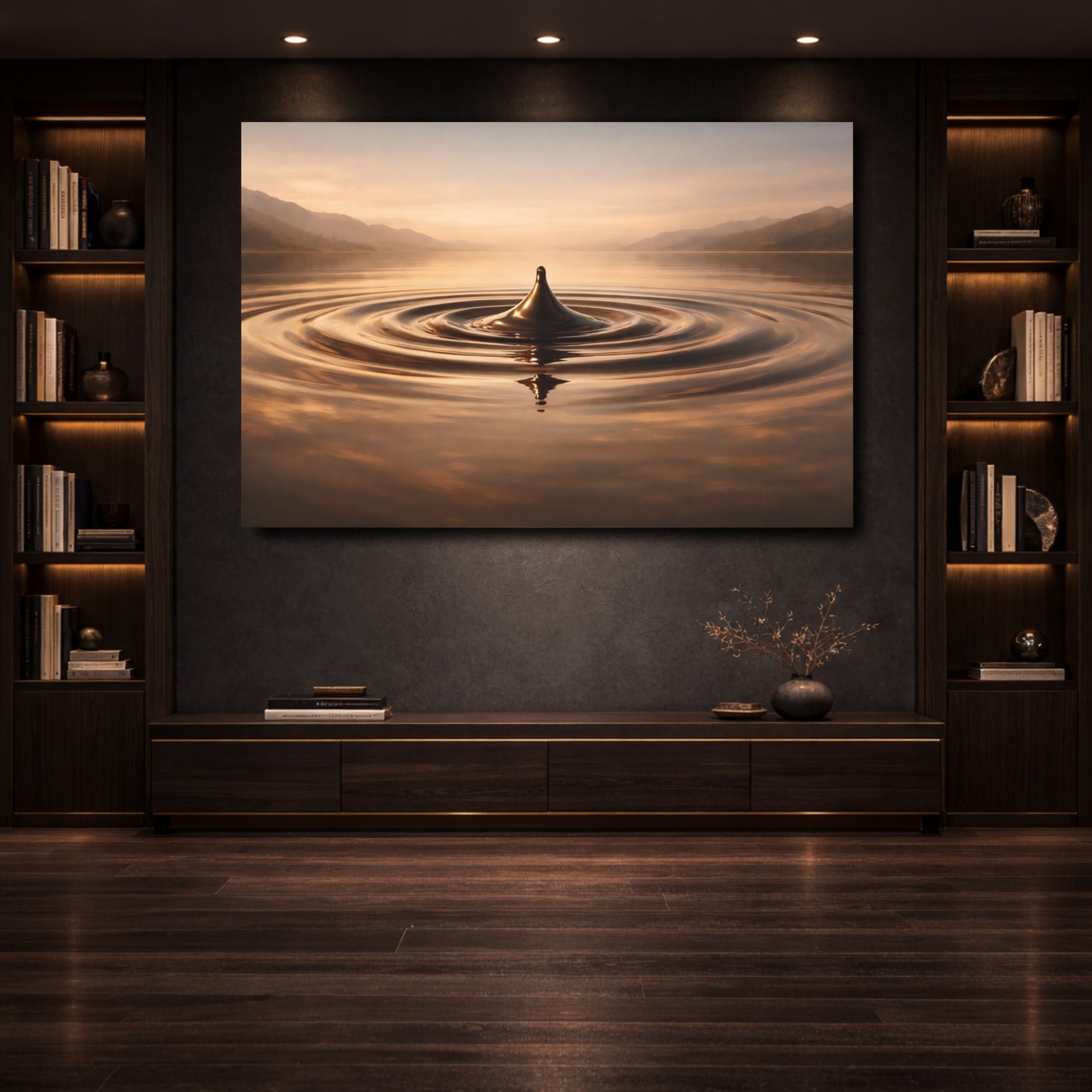 Mockup 3. Nature Water Droplet Golden Water Droplet shown as stretched canvas wall art