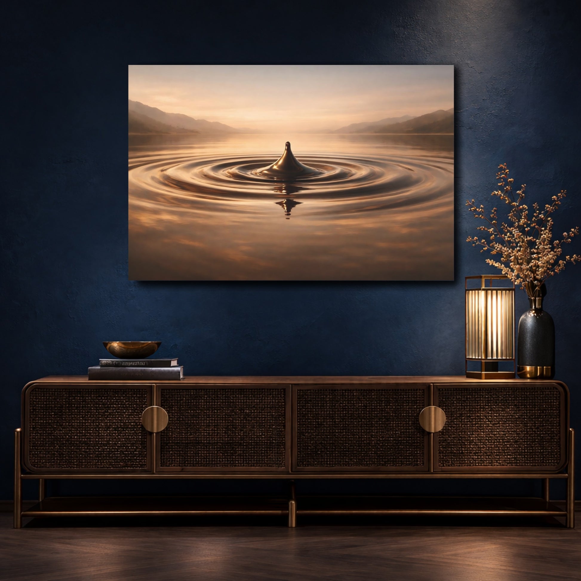 Mockup 4. Nature Water Droplet Golden Water Droplet shown as stretched canvas wall art