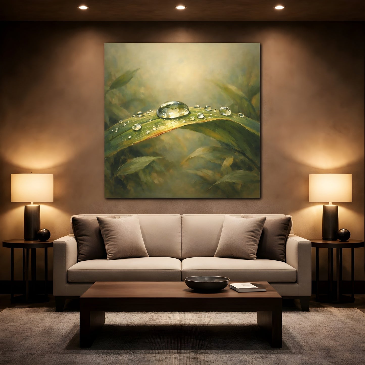 Mockup 2. Nature Water Droplet Green Dewdrop shown as stretched canvas wall art