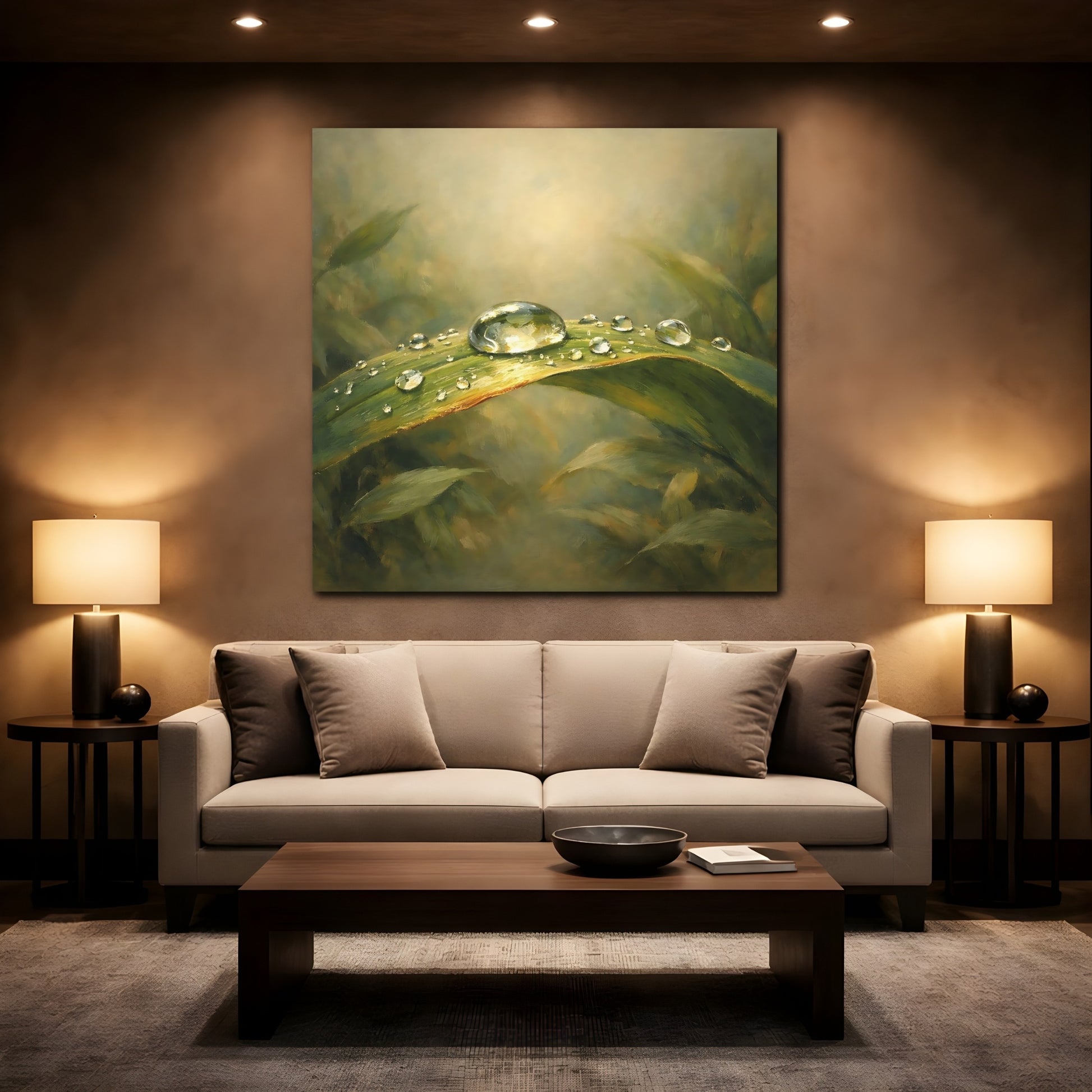Mockup 2. Nature Water Droplet Green Dewdrop shown as stretched canvas wall art