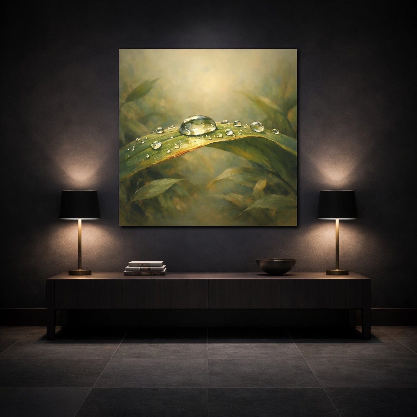Mockup 3. Nature Water Droplet Green Dewdrop shown as stretched canvas wall art