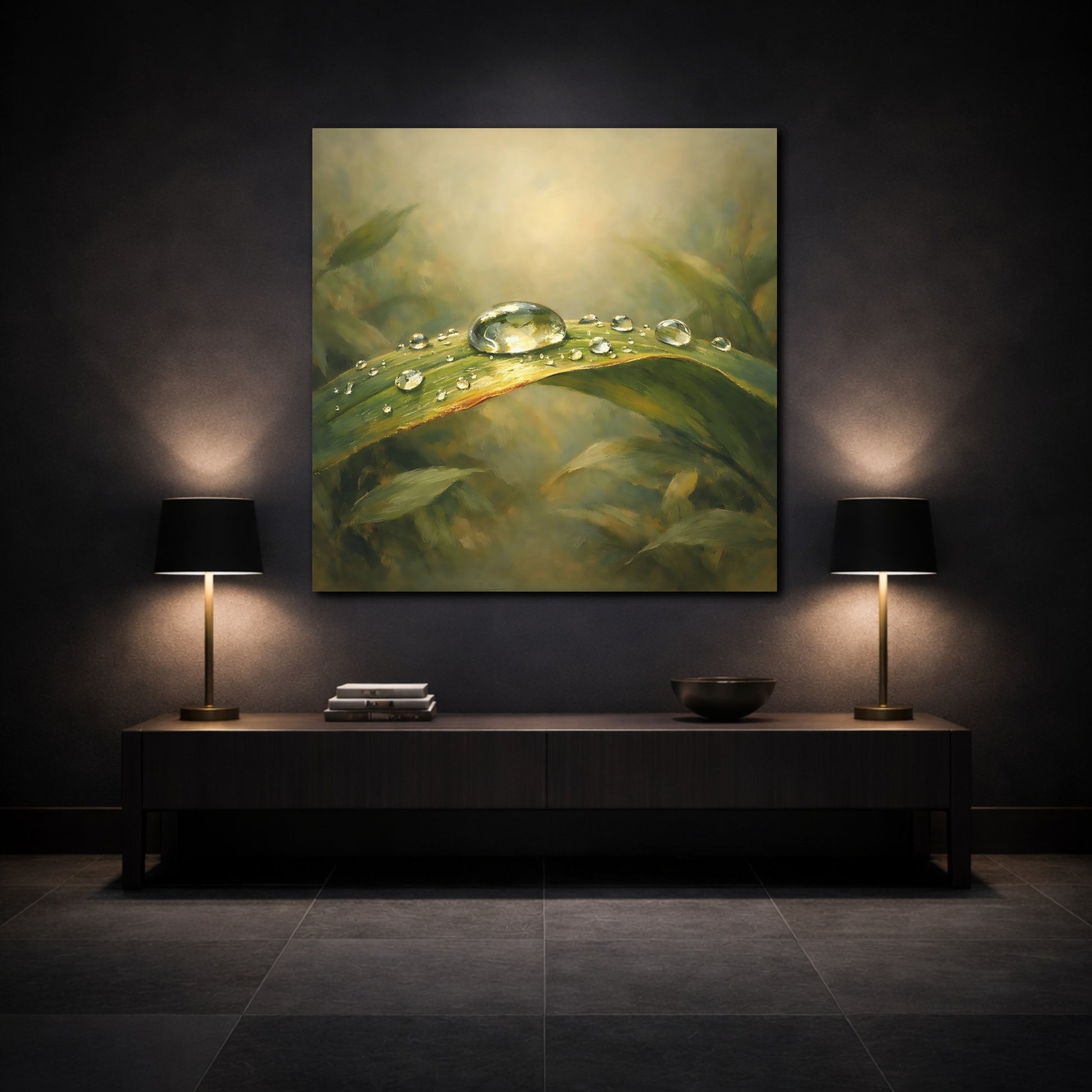 Mockup 3. Nature Water Droplet Green Dewdrop shown as stretched canvas wall art