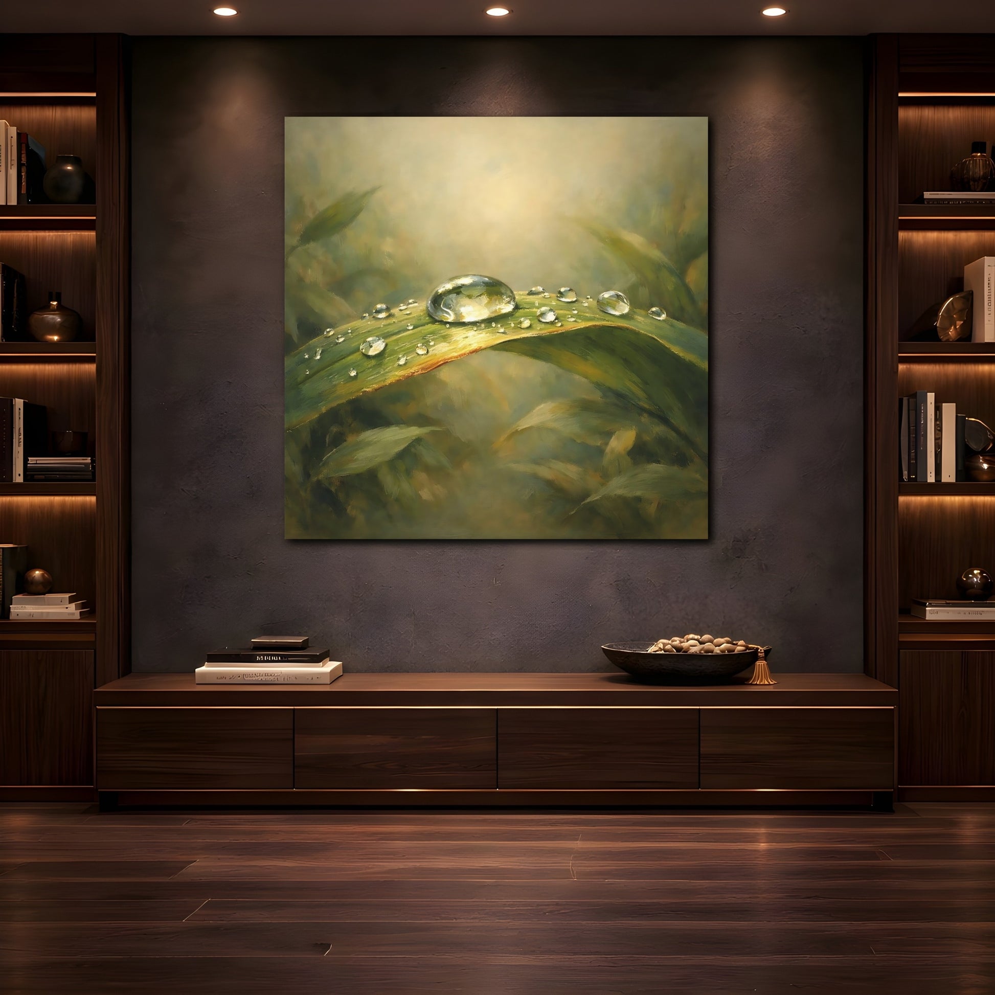 Mockup 4. Nature Water Droplet Green Dewdrop shown as stretched canvas wall art