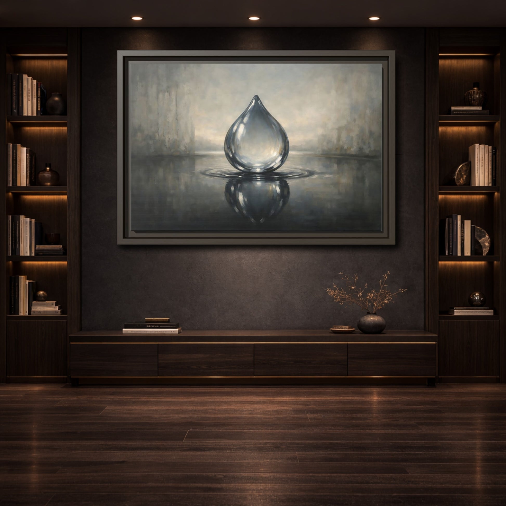 Mockup 3. Nature Water Droplet Grey Water Droplet shown as stretched canvas wall art