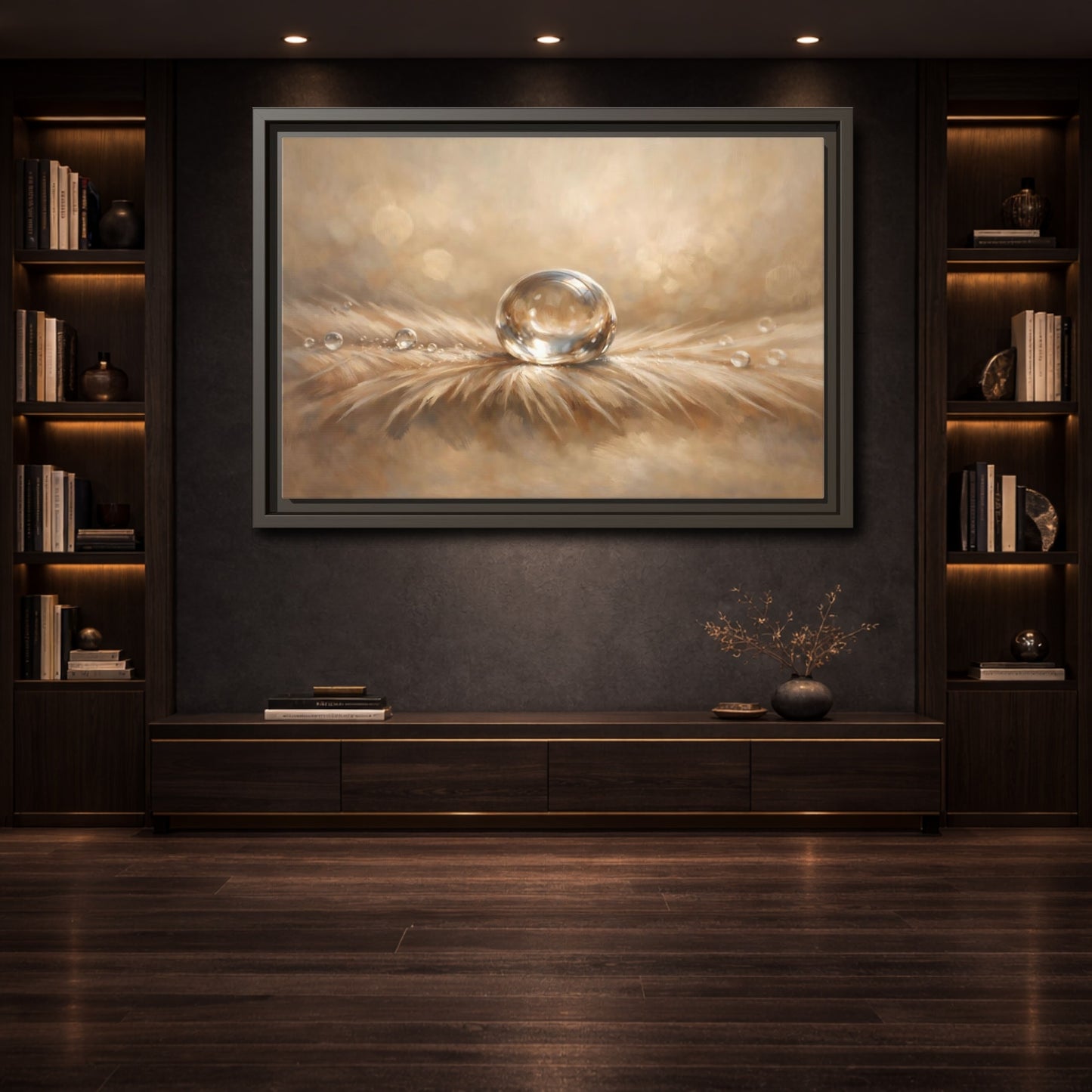 Mockup 3. Nature Water Droplet Warm Neutrals shown as stretched canvas wall art