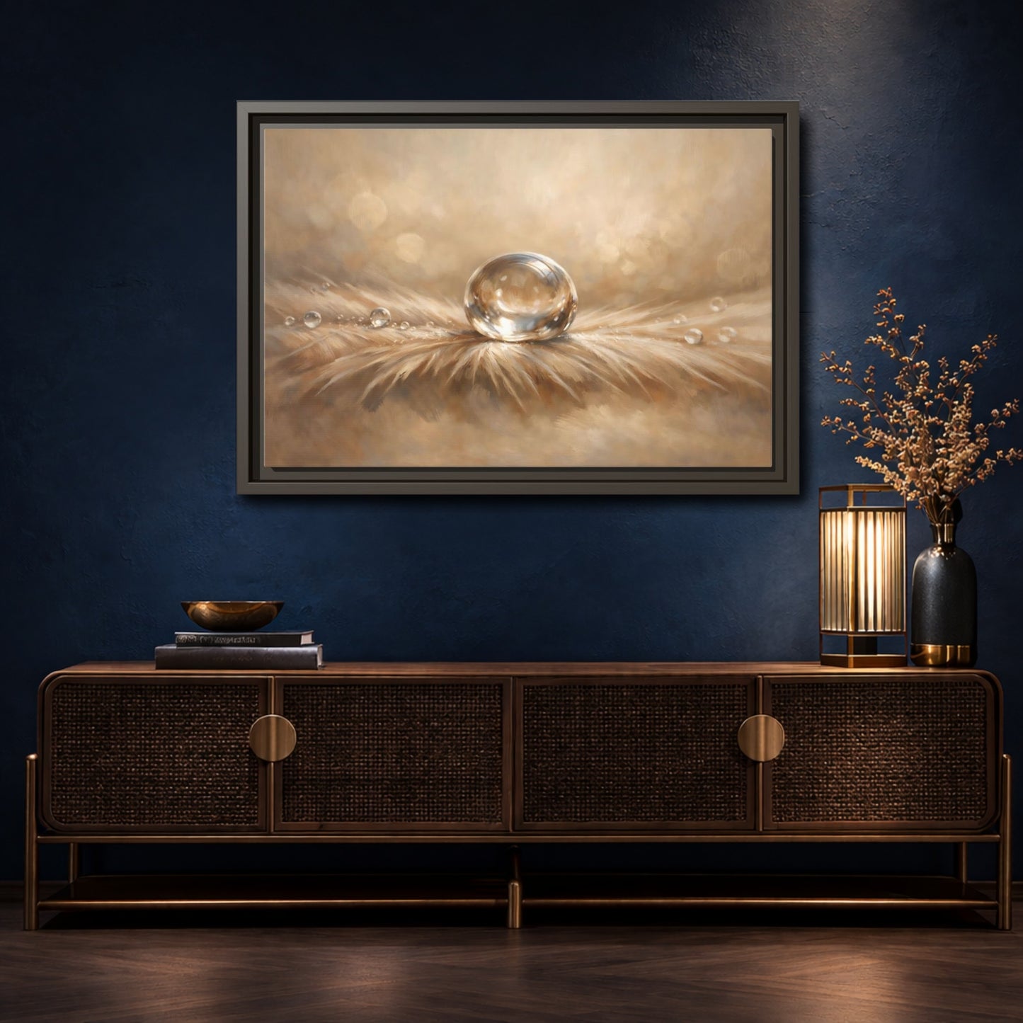 Mockup 4. Nature Water Droplet Warm Neutrals shown as stretched canvas wall art