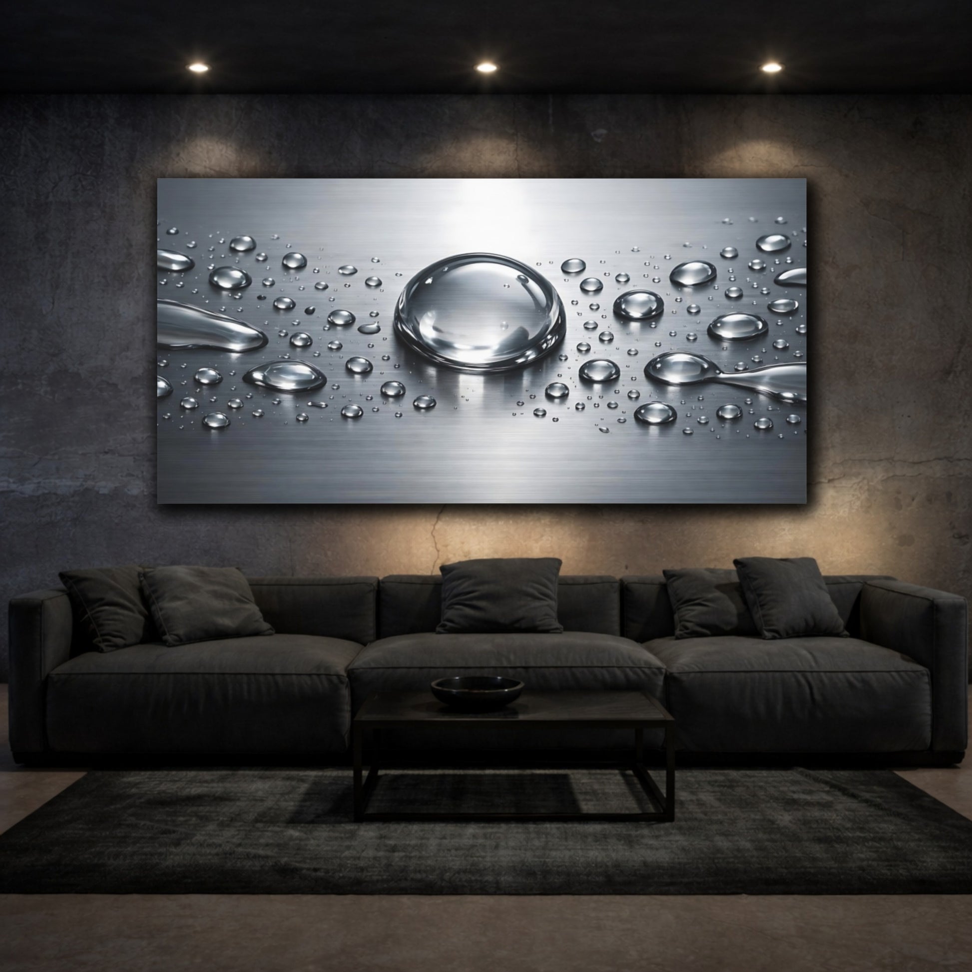 Mockup 2. Nature Water Droplets Silver Grey shown as stretched canvas wall art