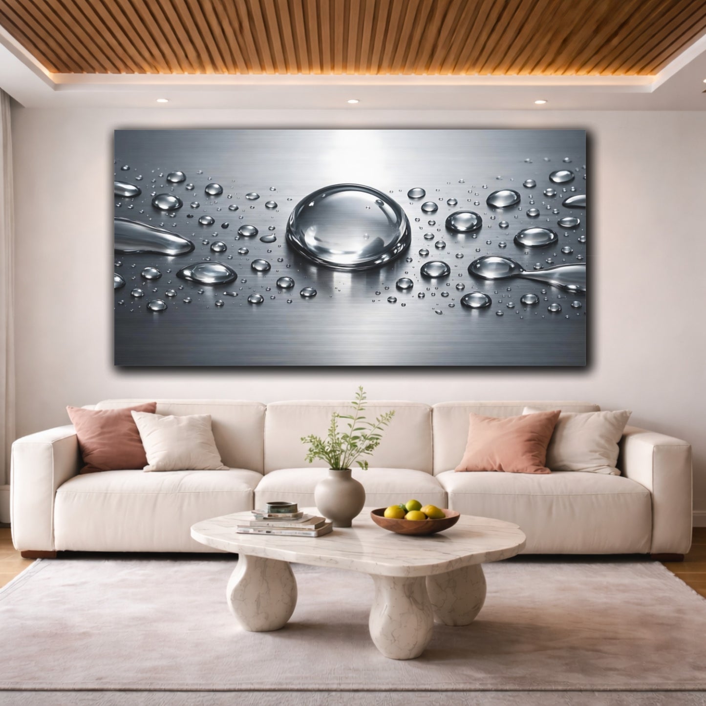 Mockup 3. Nature Water Droplets Silver Grey shown as stretched canvas wall art