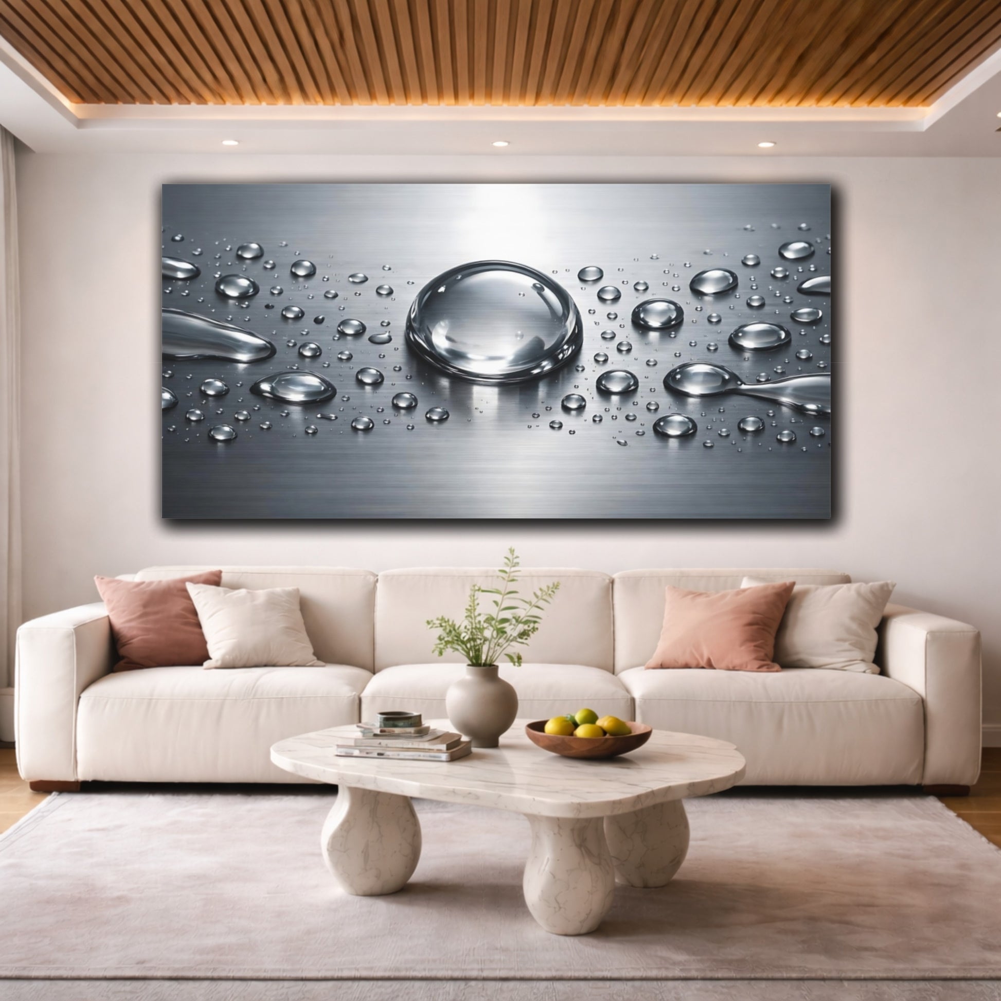 Mockup 3. Nature Water Droplets Silver Grey shown as stretched canvas wall art