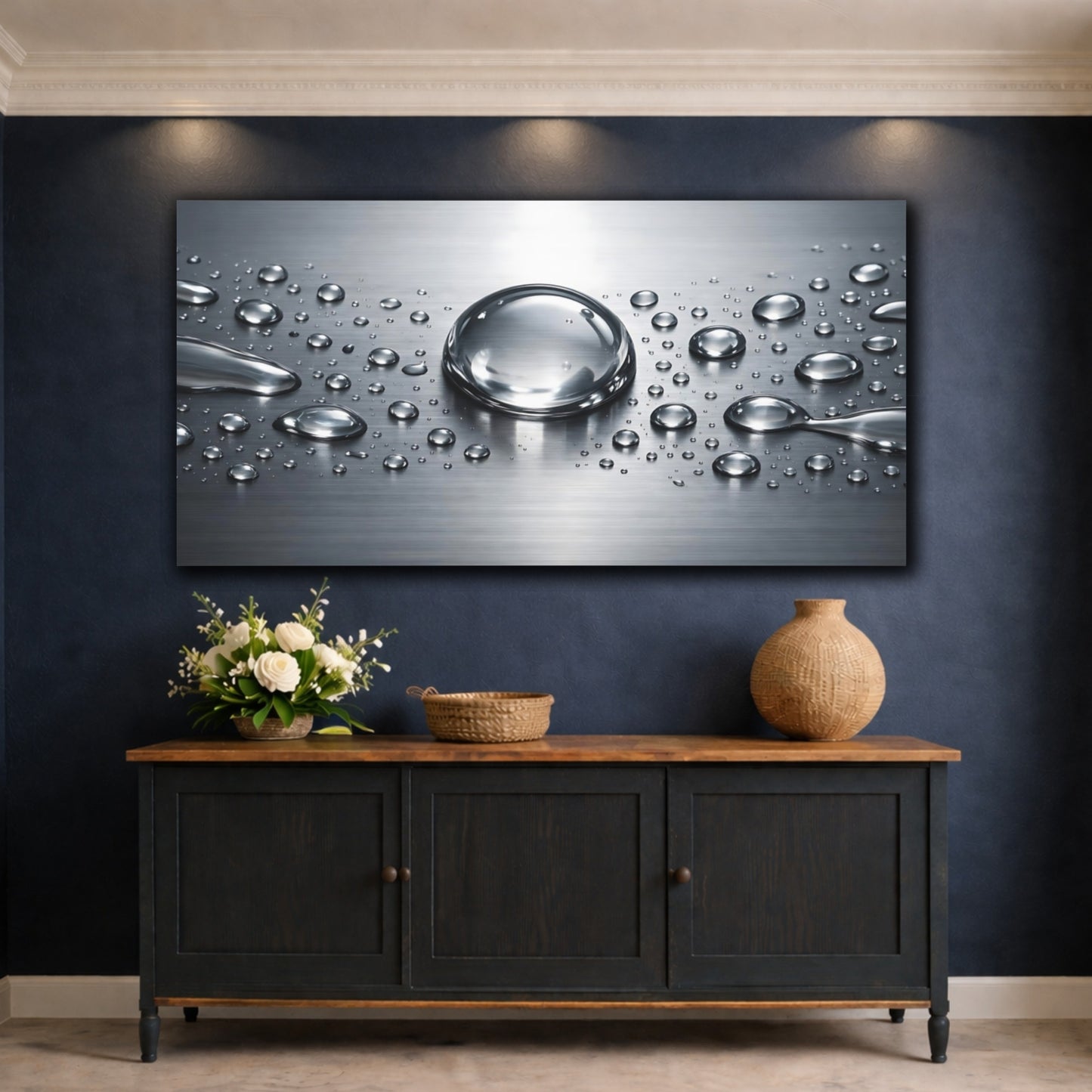 Mockup 4. Nature Water Droplets Silver Grey shown as stretched canvas wall art
