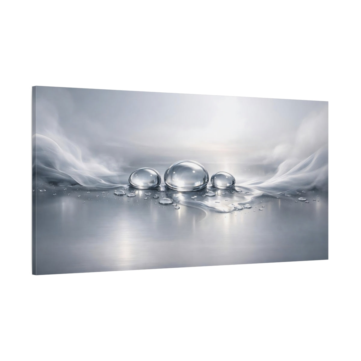 Main Mockup. Nature Water Drops Silver And Grey shown as stretched canvas wall art