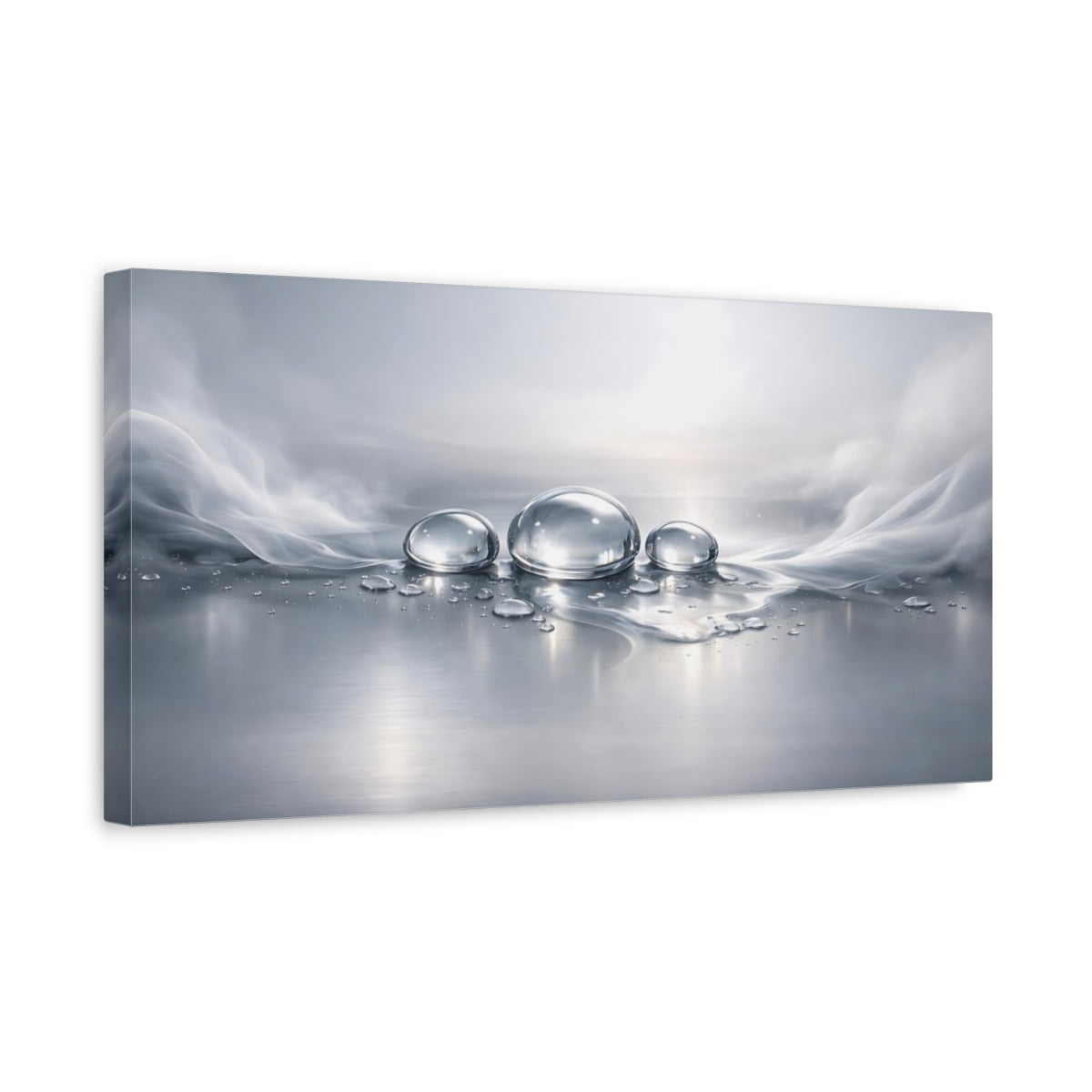 Side Mockup 3. Nature Water Drops Silver And Grey shown as stretched canvas wall art