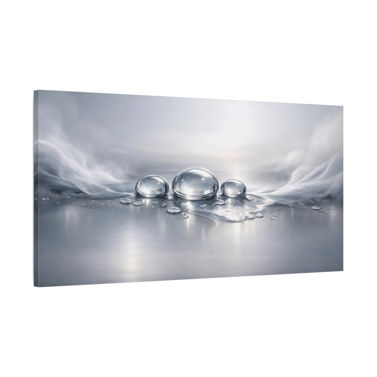 Side Mockup 1. Nature Water Drops Silver And Grey shown as stretched canvas wall art