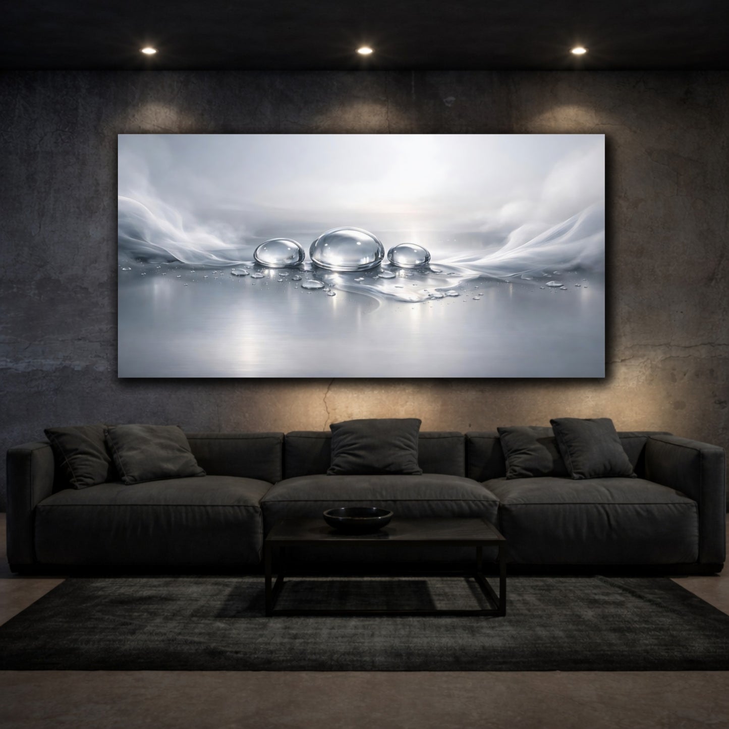 Mockup 2. Nature Water Drops Silver And Grey shown as stretched canvas wall art