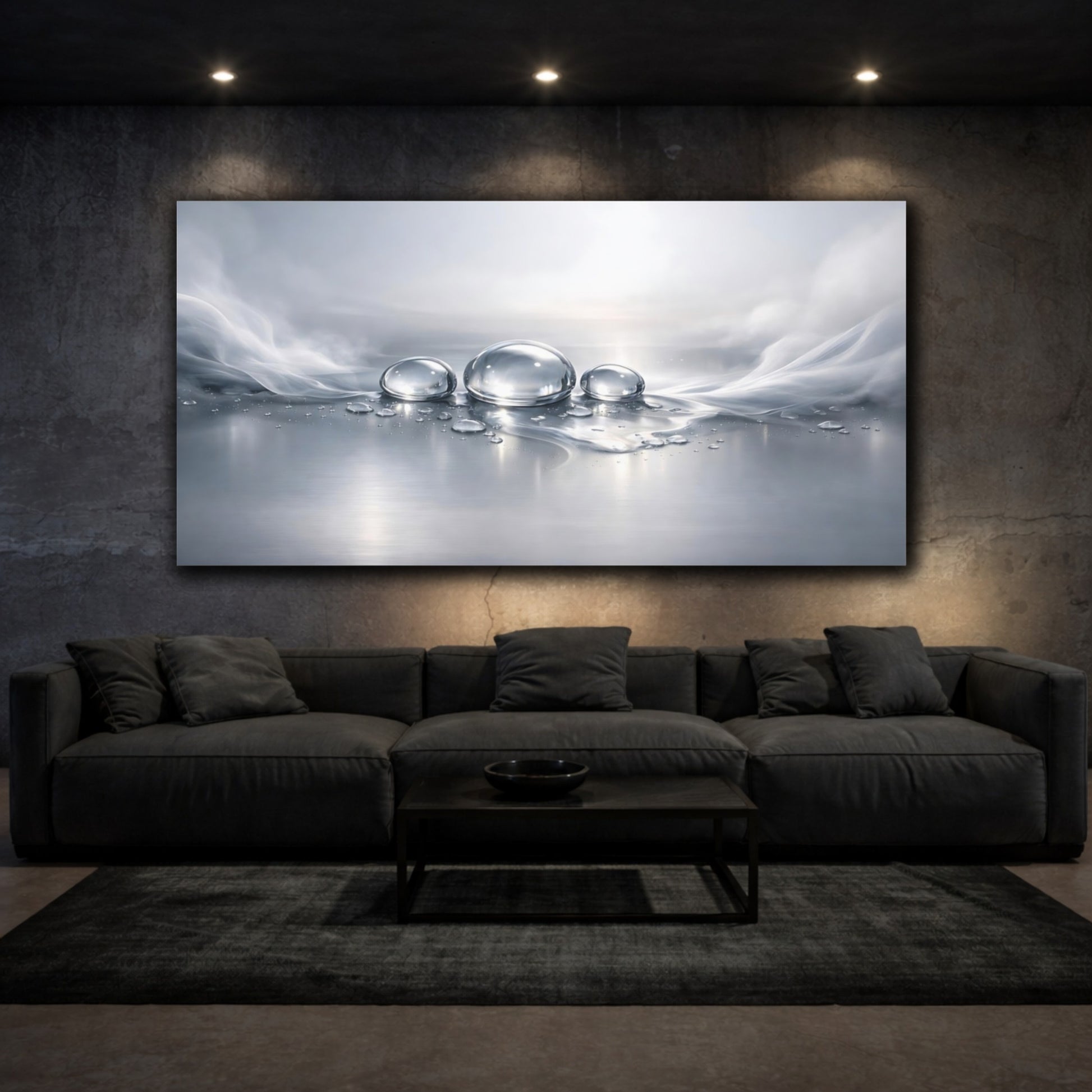 Mockup 2. Nature Water Drops Silver And Grey shown as stretched canvas wall art