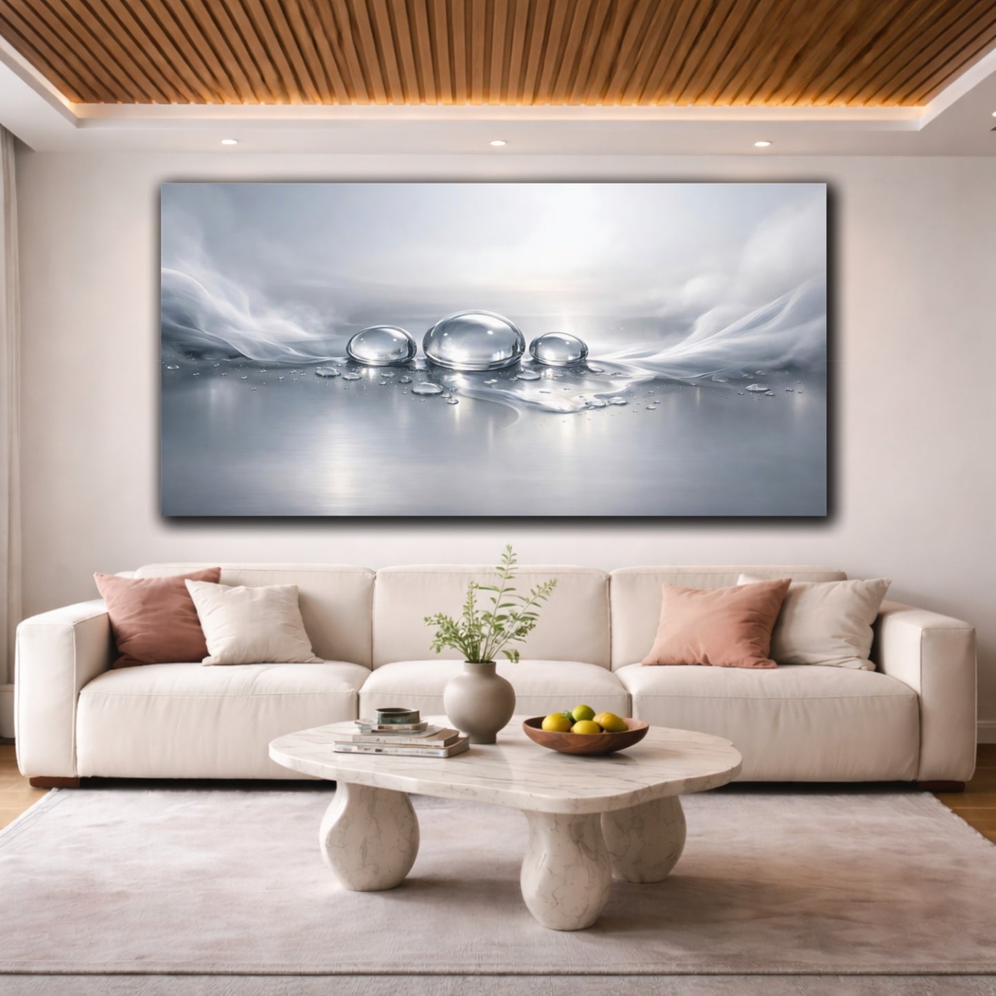 Mockup 3. Nature Water Drops Silver And Grey shown as stretched canvas wall art