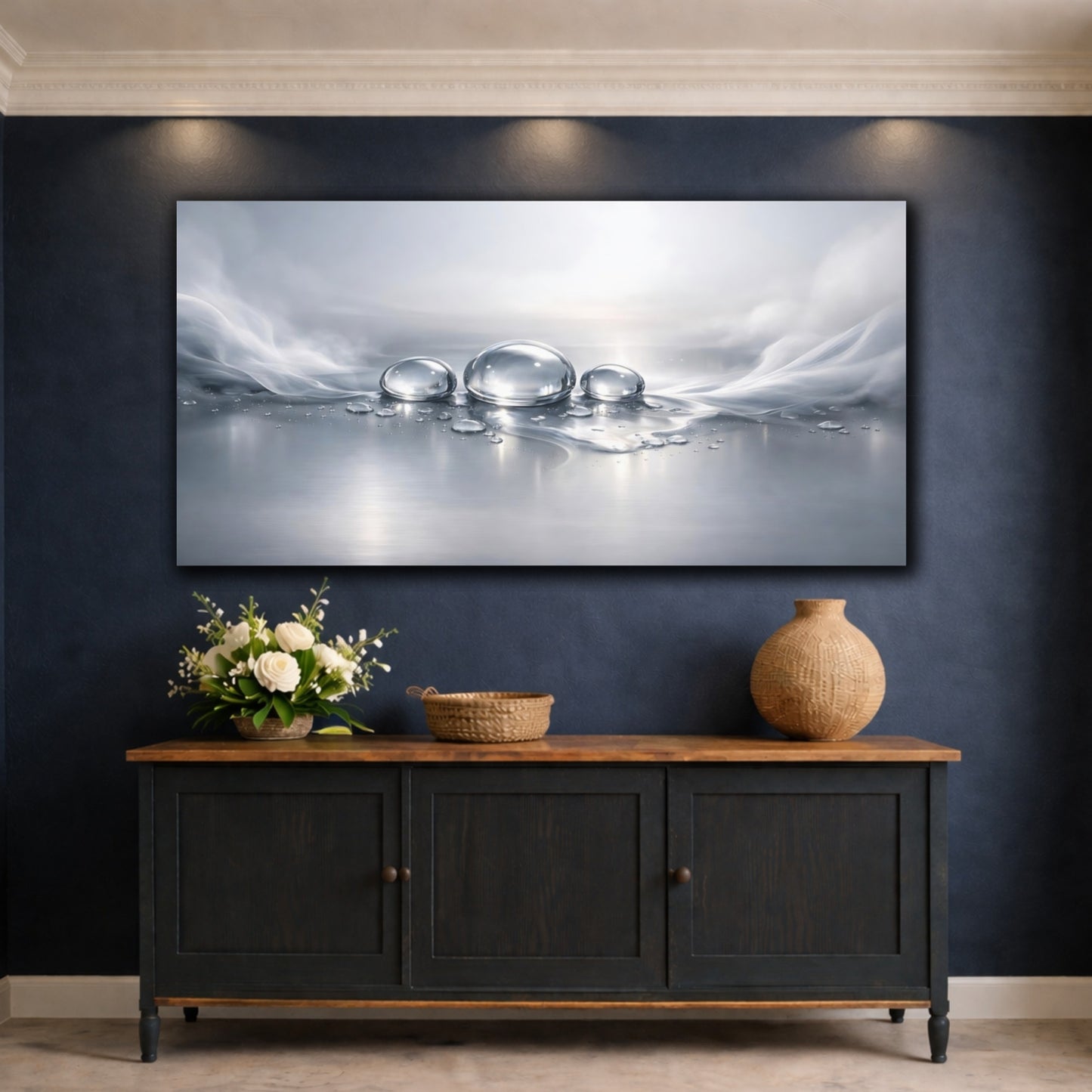 Mockup 4. Nature Water Drops Silver And Grey shown as stretched canvas wall art