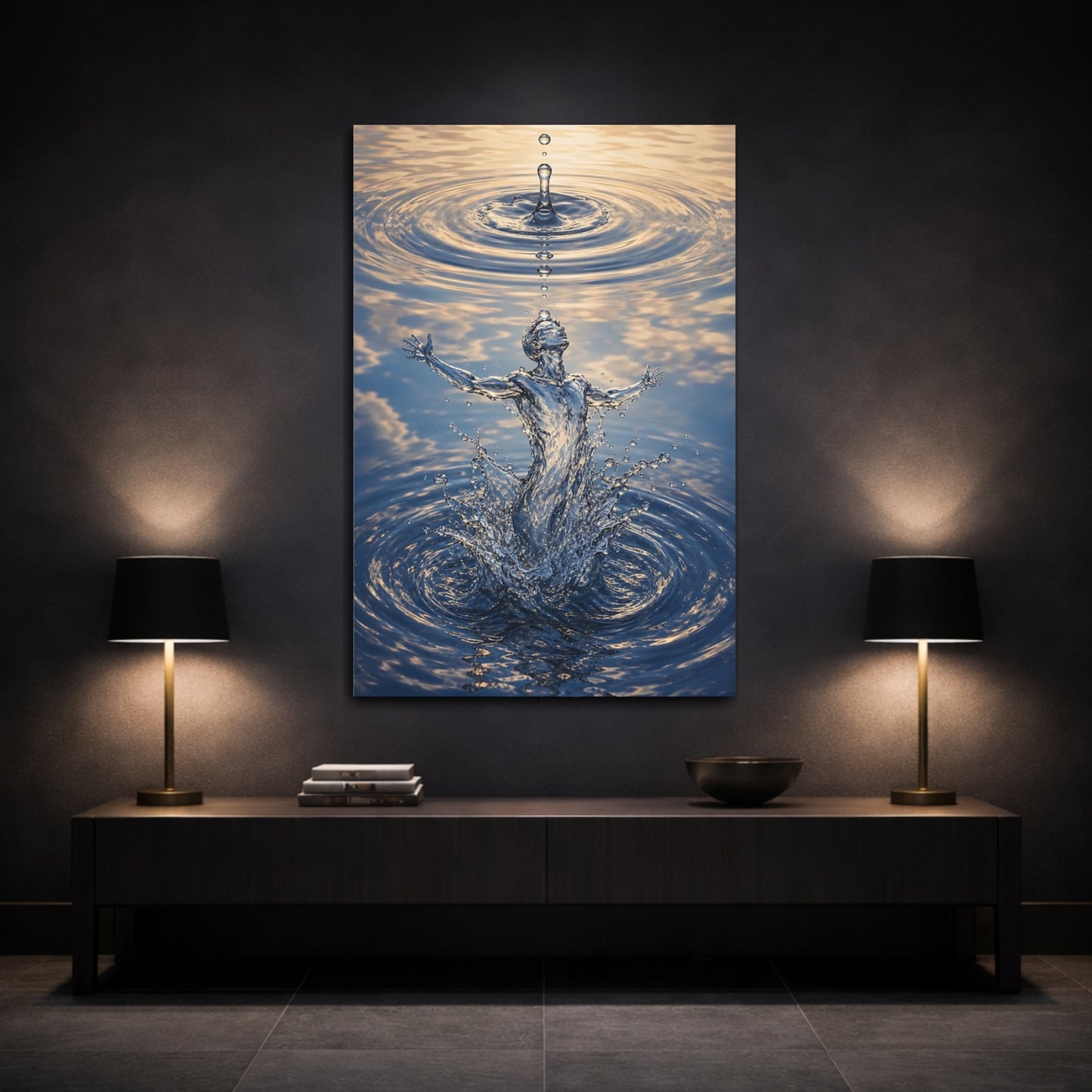 Mockup 3. Nature Water Figure Blue Water Figure shown as stretched canvas wall art