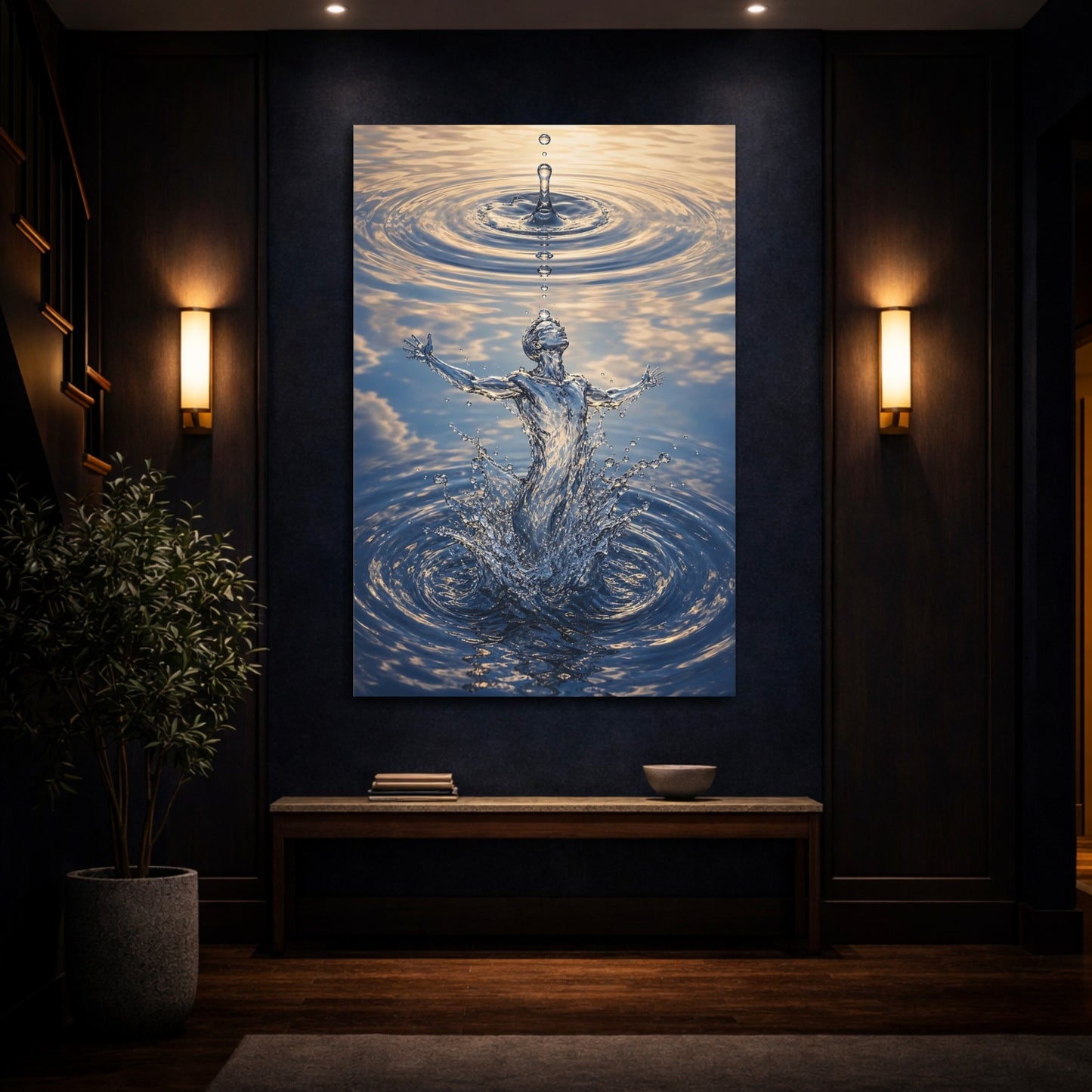 Mockup 4. Nature Water Figure Blue Water Figure shown as stretched canvas wall art