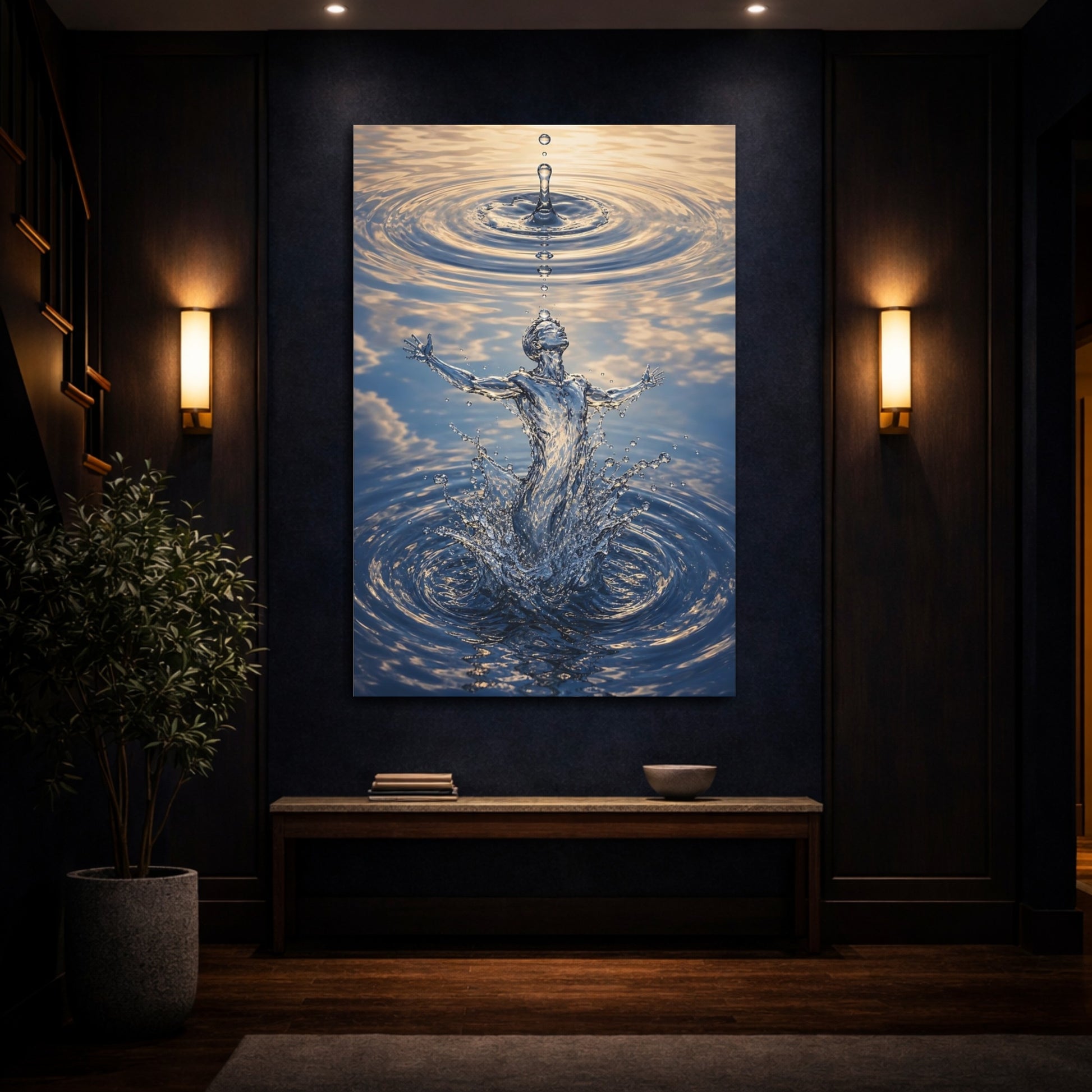 Mockup 4. Nature Water Figure Blue Water Figure shown as stretched canvas wall art