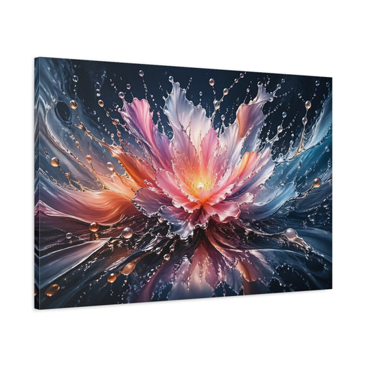 Main Mockup. Nature Water Flower Pink Blue Splash shown as stretched canvas wall art