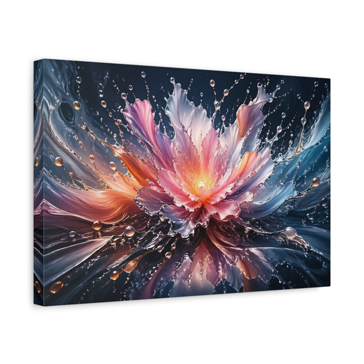 Side Mockup 4. Nature Water Flower Pink Blue Splash shown as stretched canvas wall art