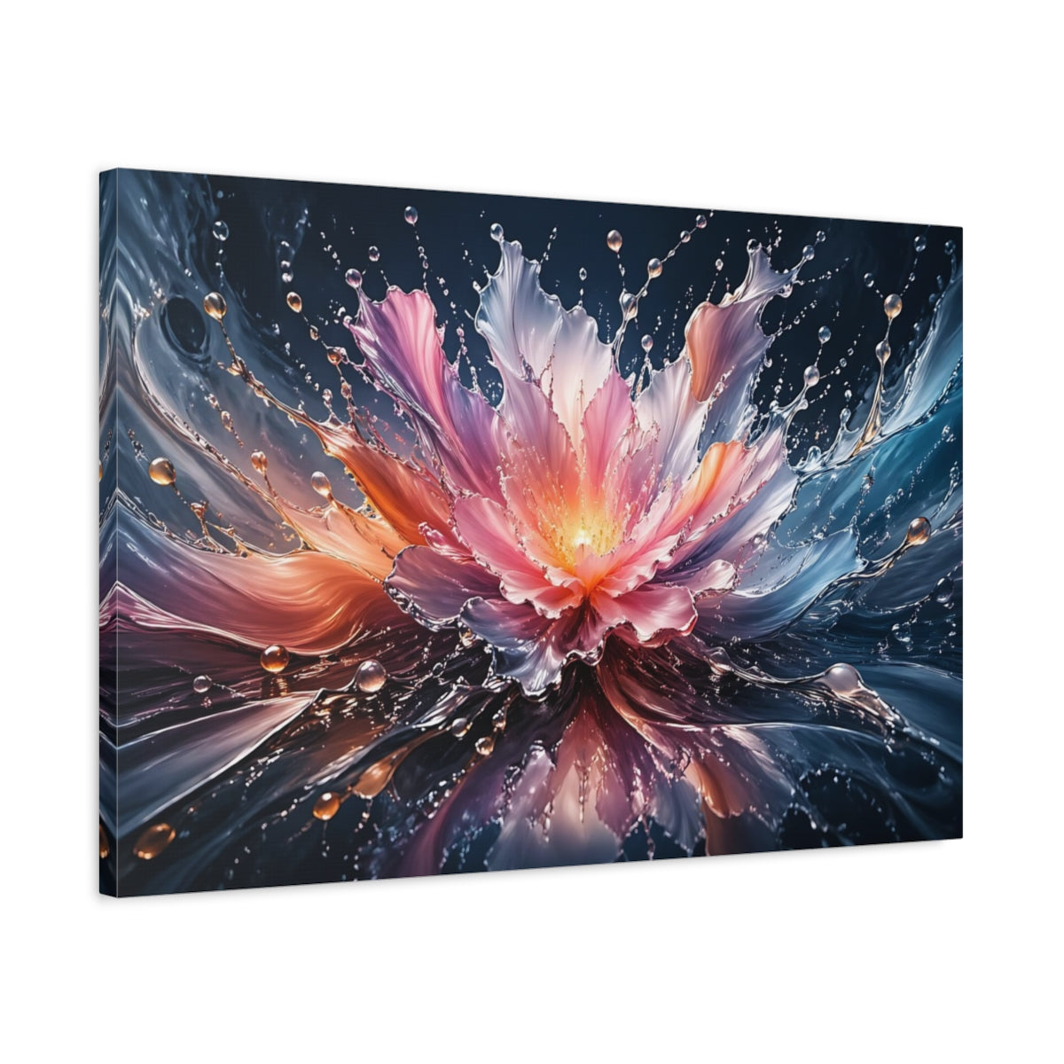 Side Mockup 2. Nature Water Flower Pink Blue Splash shown as stretched canvas wall art