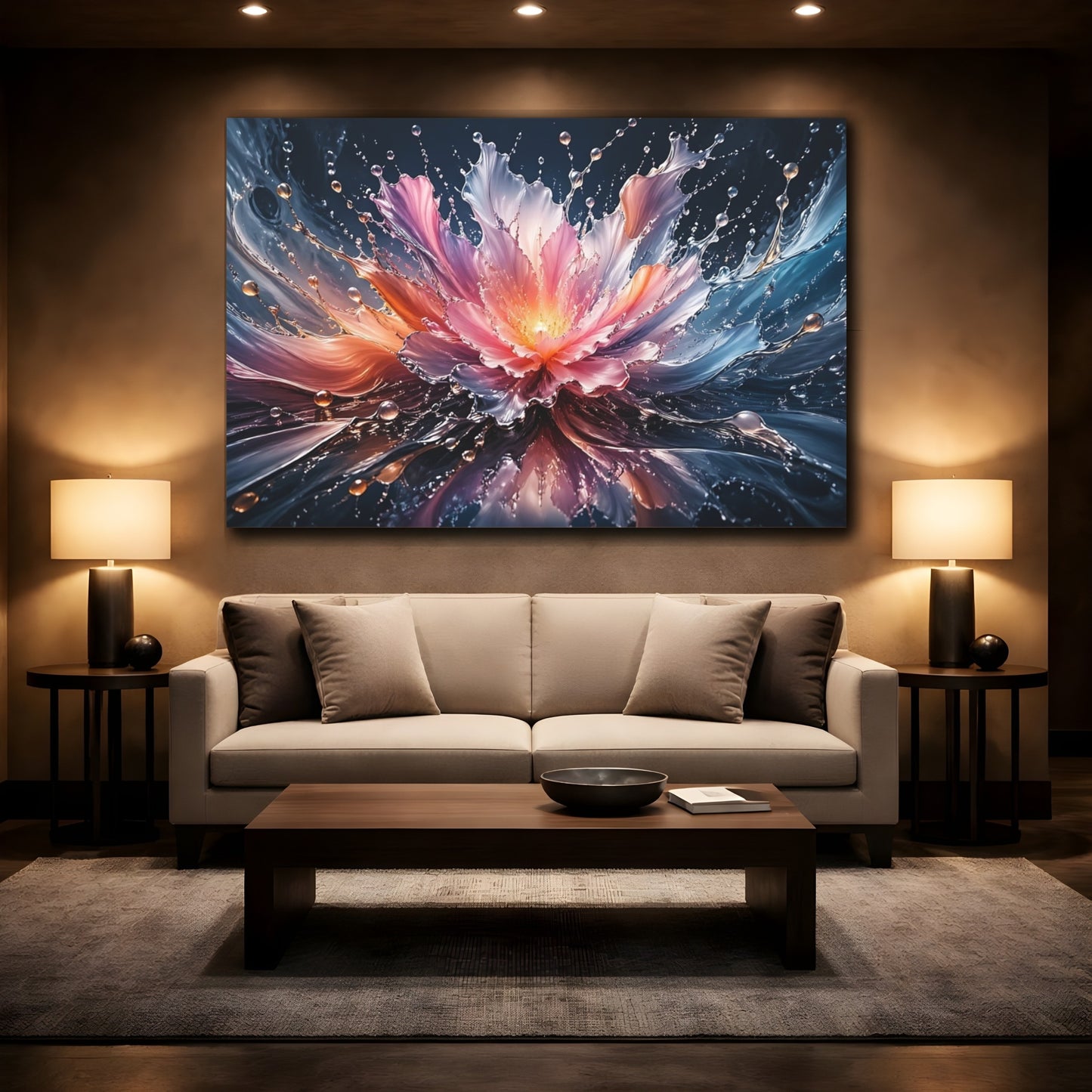 Mockup 2. Nature Water Flower Pink Blue Splash shown as stretched canvas wall art