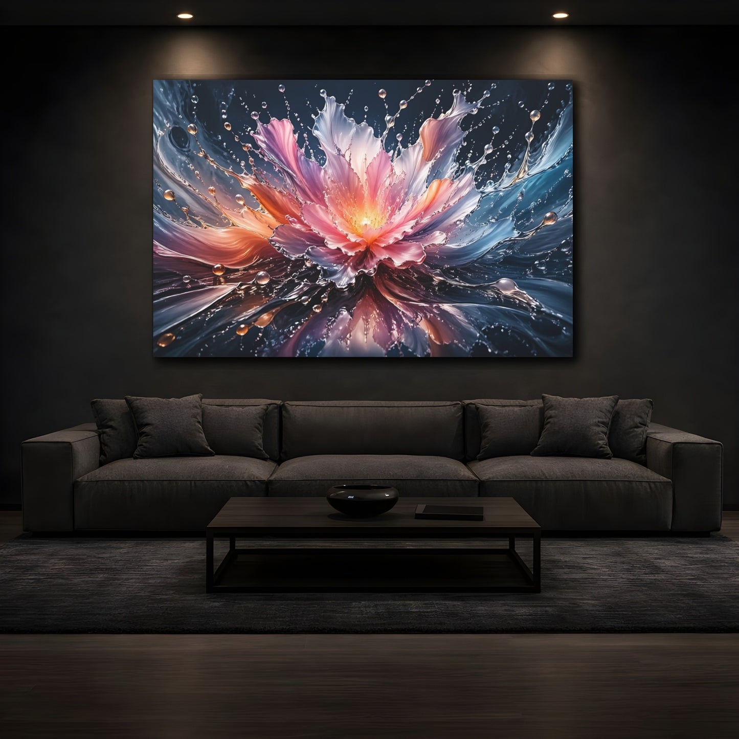 Mockup 3. Nature Water Flower Pink Blue Splash shown as stretched canvas wall art