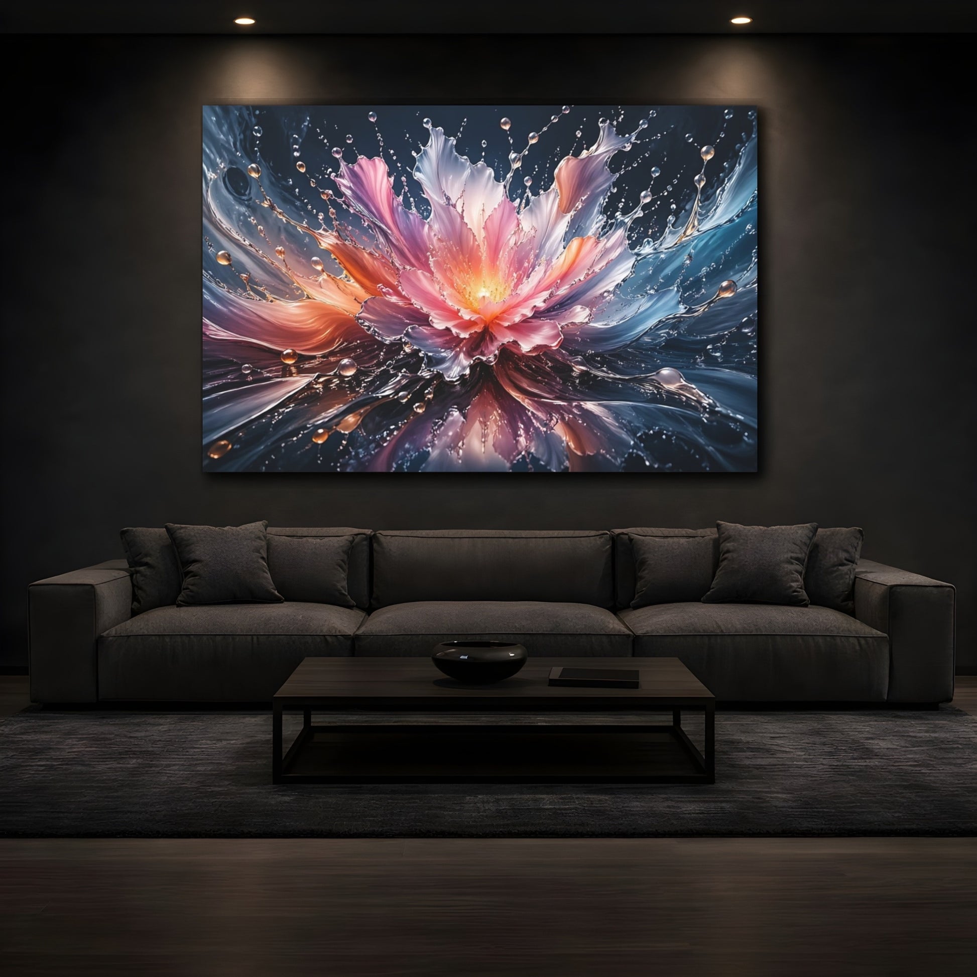 Mockup 3. Nature Water Flower Pink Blue Splash shown as stretched canvas wall art