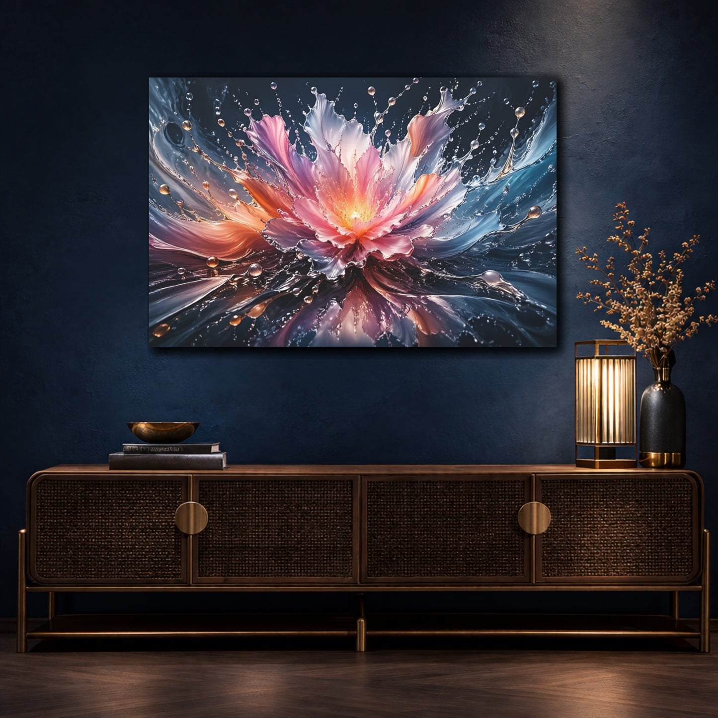 Mockup 4. Nature Water Flower Pink Blue Splash shown as stretched canvas wall art