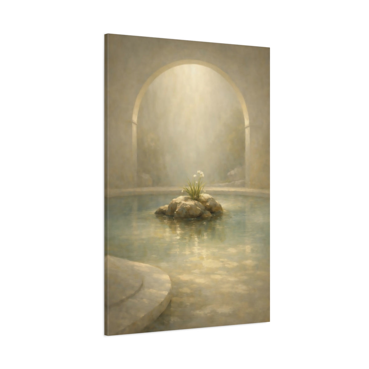 Main Mockup. Nature Water Garden Serene Beige shown as stretched canvas wall art