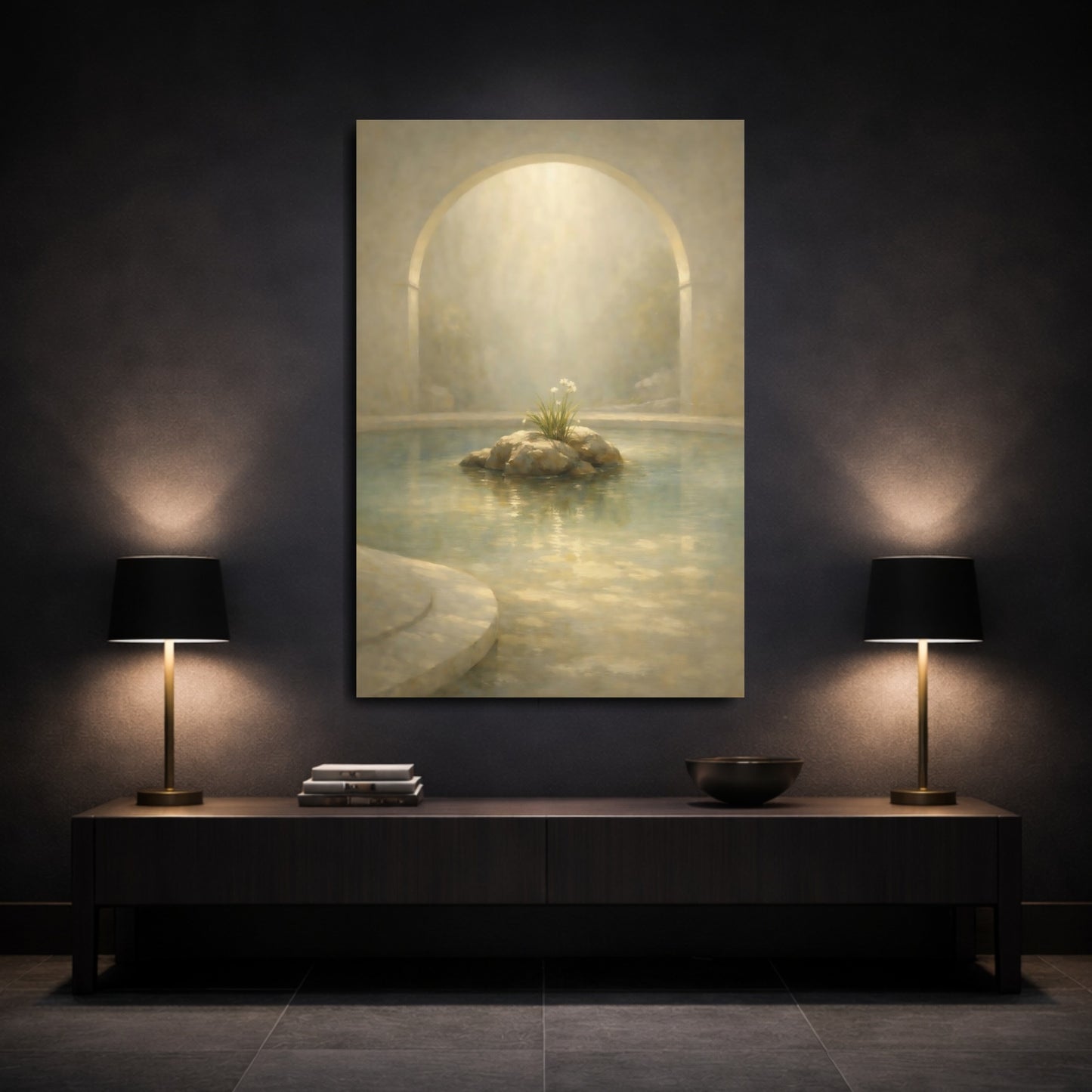 Mockup 2. Nature Water Garden Serene Beige shown as stretched canvas wall art
