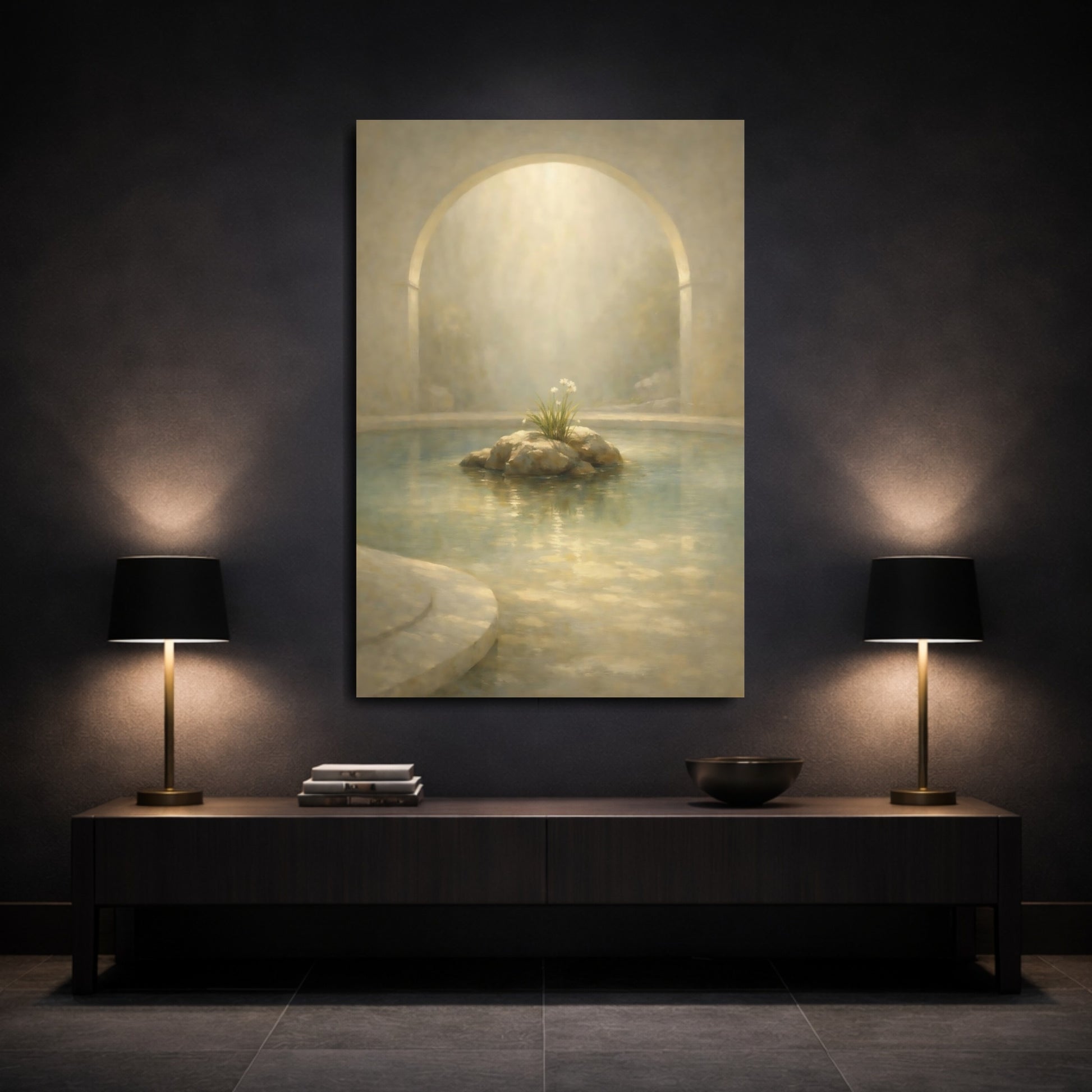 Mockup 2. Nature Water Garden Serene Beige shown as stretched canvas wall art