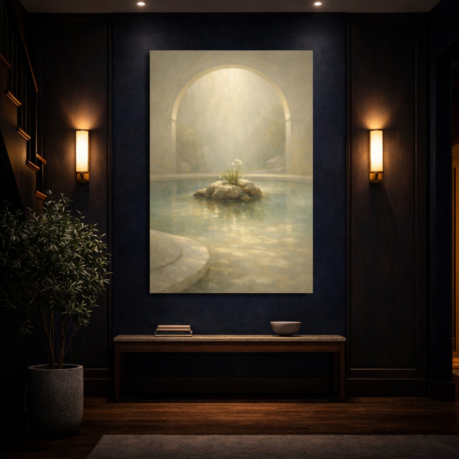 Mockup 3. Nature Water Garden Serene Beige shown as stretched canvas wall art