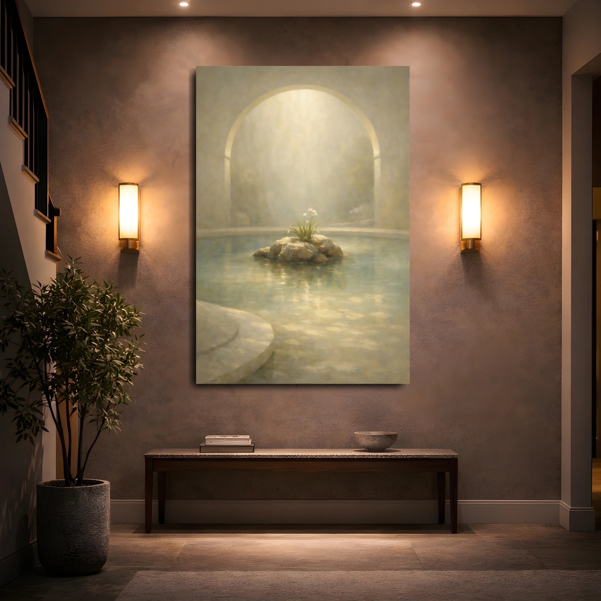 Mockup 4. Nature Water Garden Serene Beige shown as stretched canvas wall art