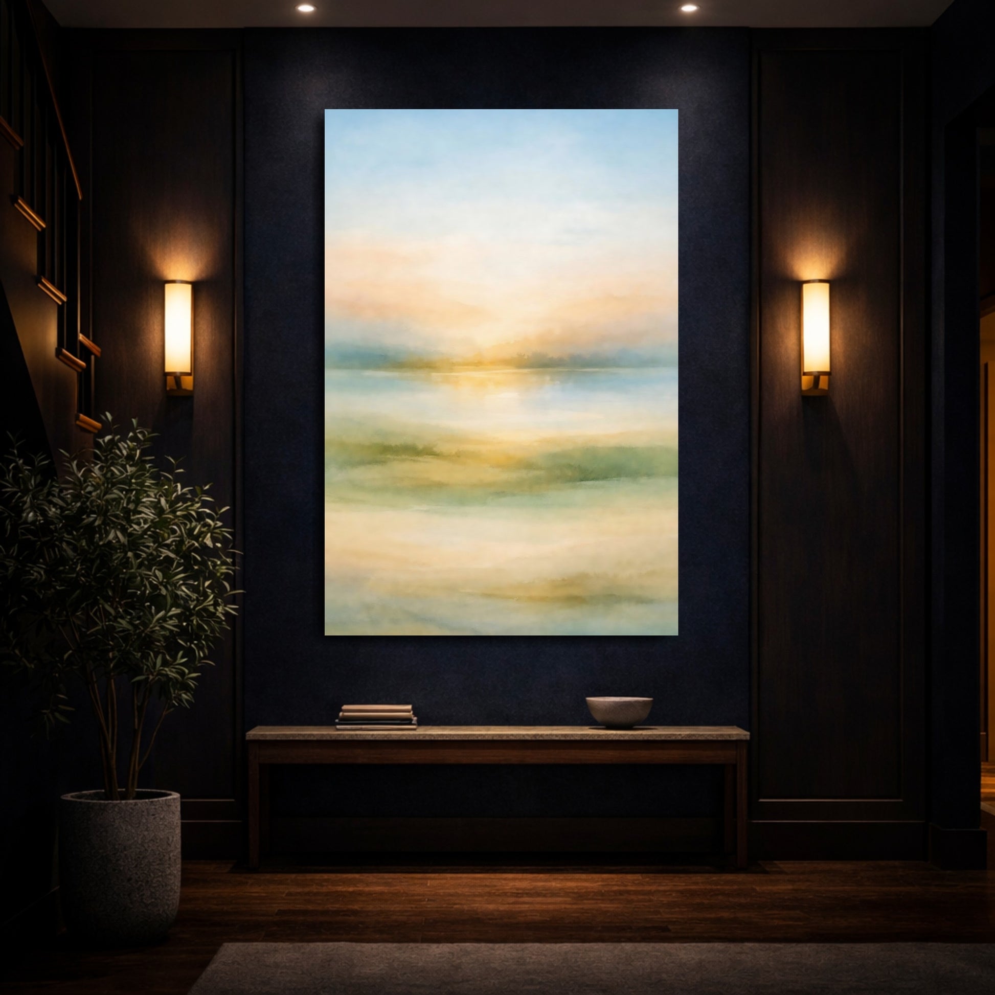 Mockup 3. Nature Water Landscape Pastel Landscape shown as stretched canvas wall art