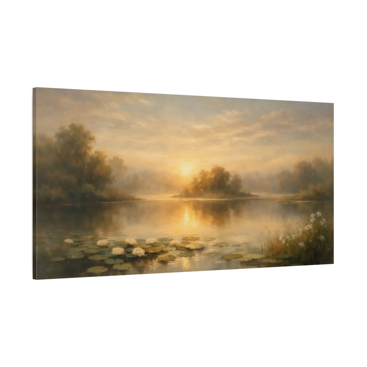 Main Mockup. Nature Water Lilies Golden Lake Sunset shown as stretched canvas wall art
