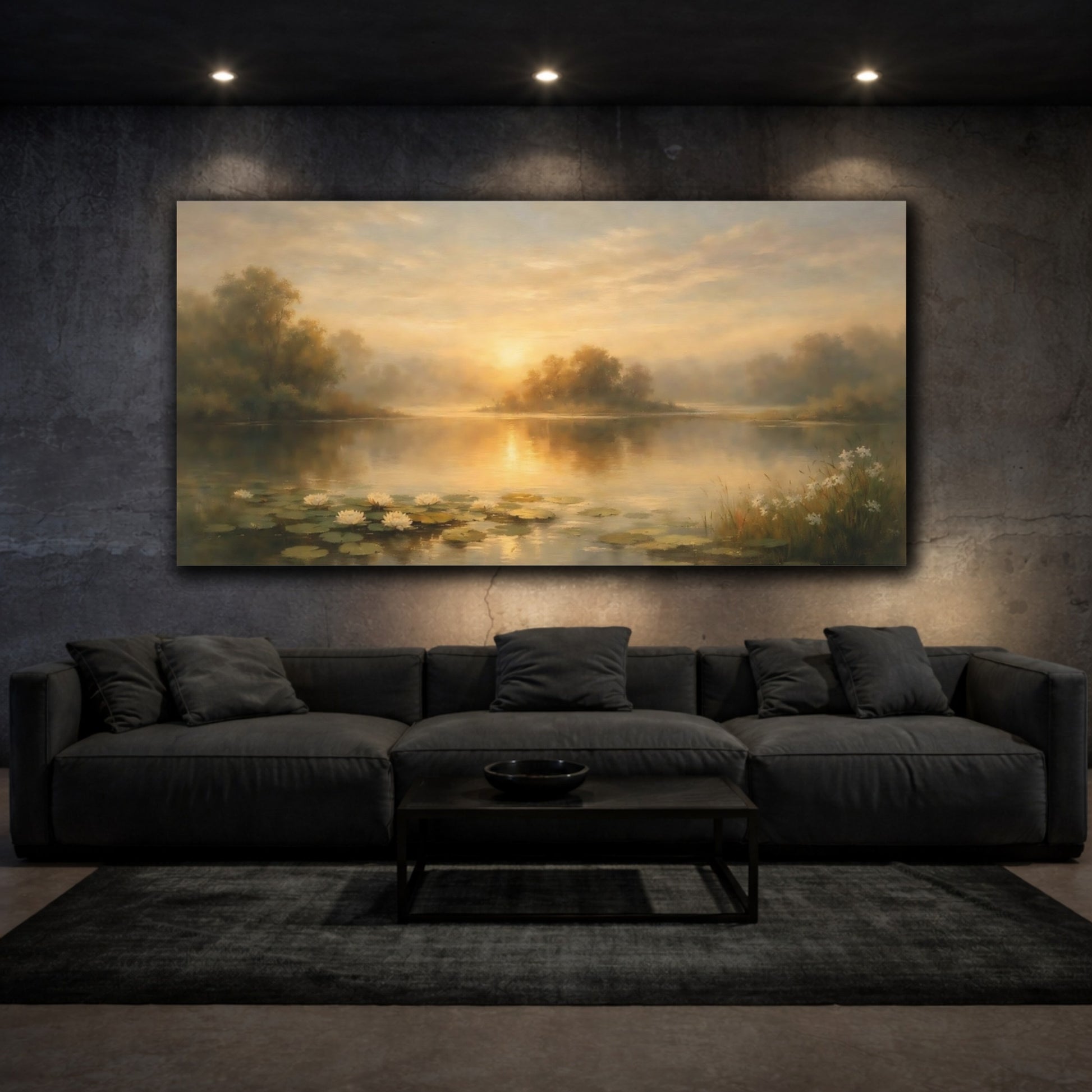 Mockup 2. Nature Water Lilies Golden Lake Sunset shown as stretched canvas wall art