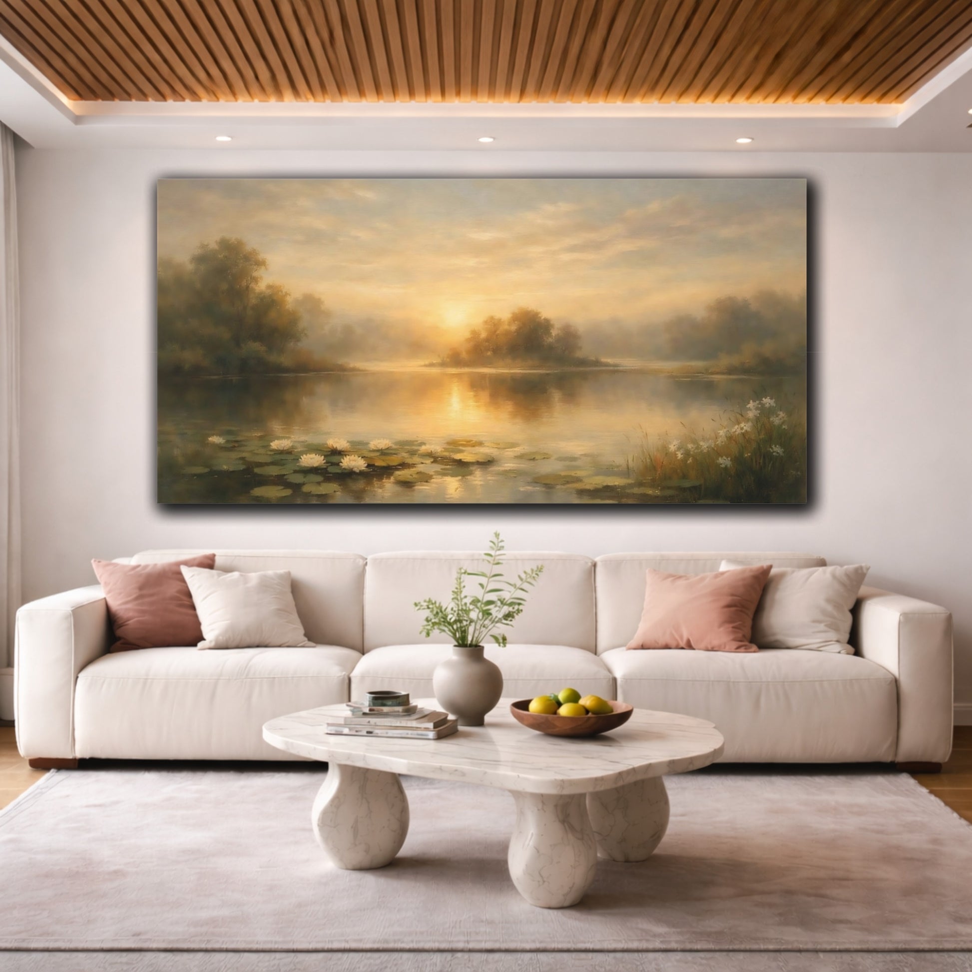 Mockup 3. Nature Water Lilies Golden Lake Sunset shown as stretched canvas wall art
