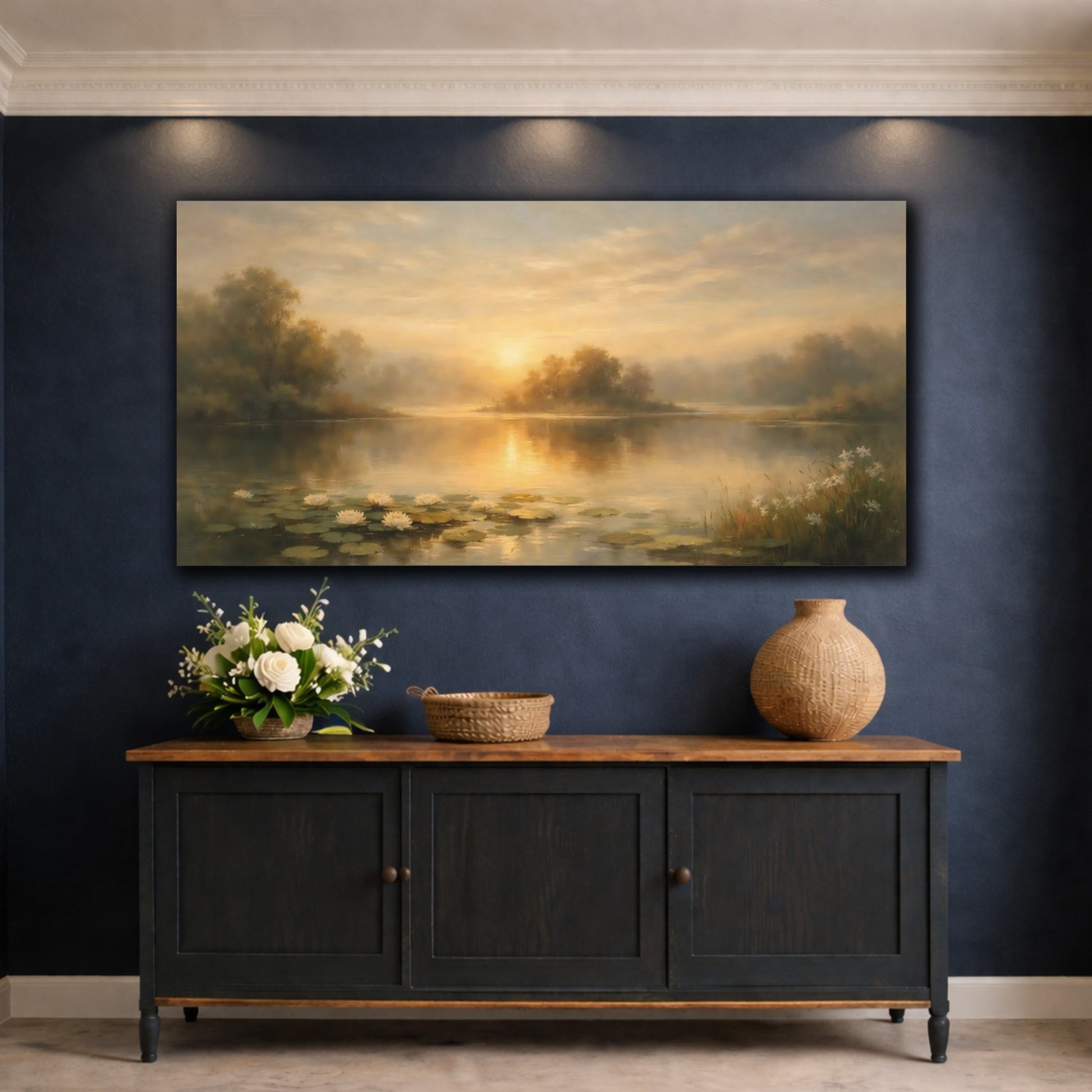 Mockup 4. Nature Water Lilies Golden Lake Sunset shown as stretched canvas wall art